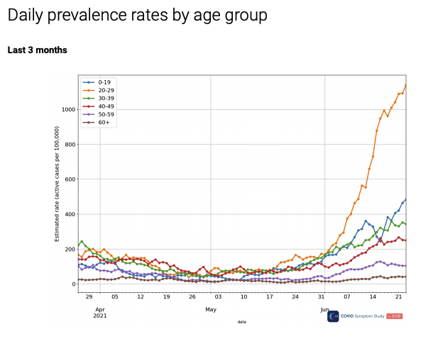 daily prevalence rates by age group for COVID-19 in the UK, with the 20-29 age group skyrocketing