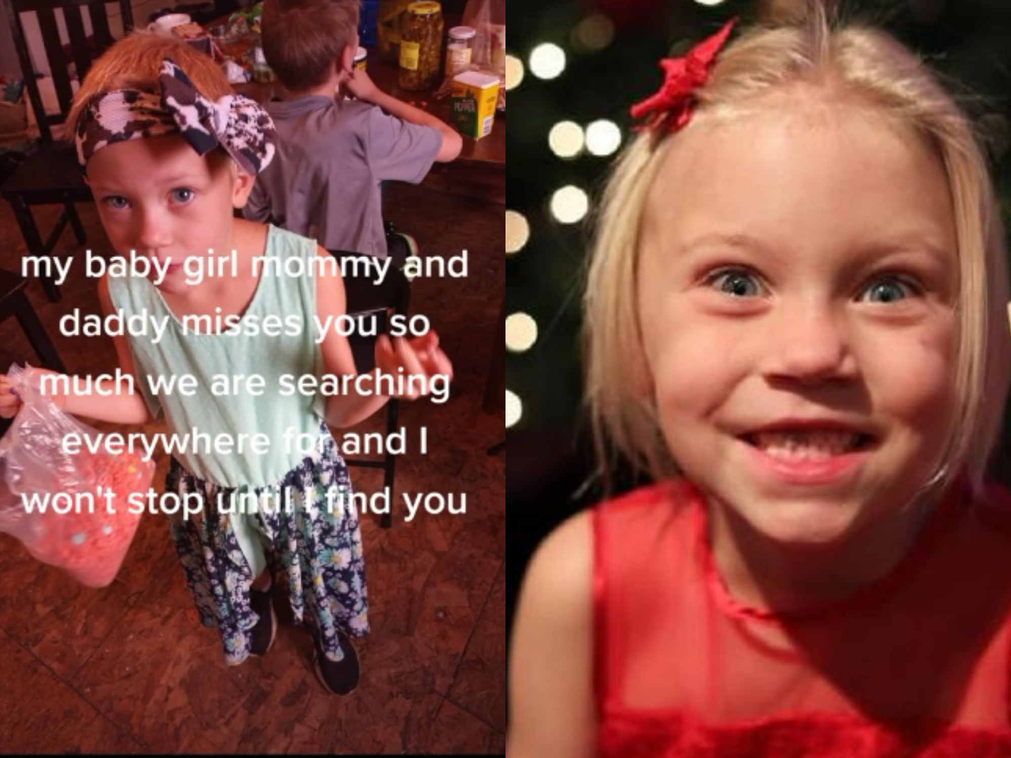 two images of a blonde child, summer wells, with on screen text that reads "my baby girl mommy and daddy misses you so much we are searching everywhere for and I won't stop until I find you"