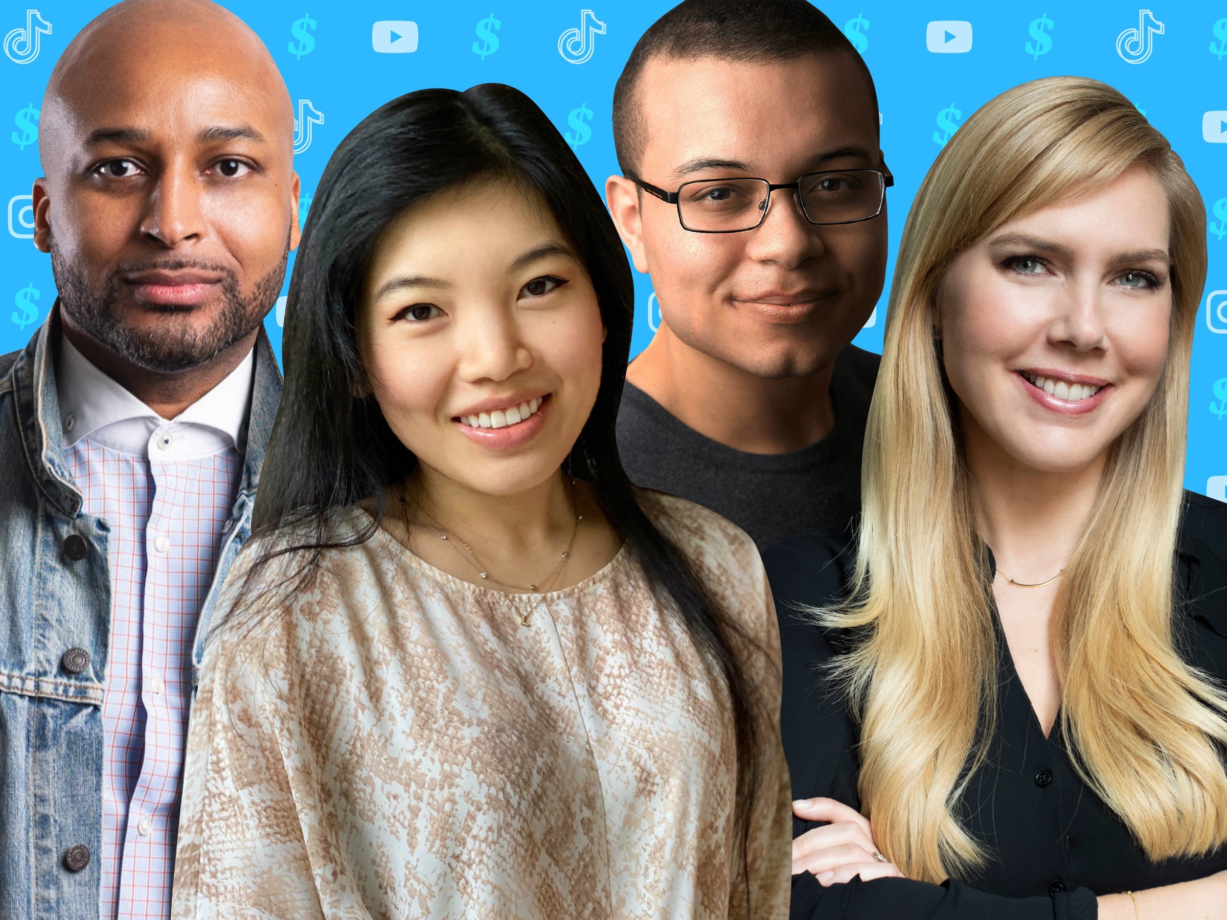 Headshots of Marlon Nichols, Li Jin, John Smothers, and Katelin Holloway on a blue background with dollar signs and the logos of TikTok, Youtube, and Instagram