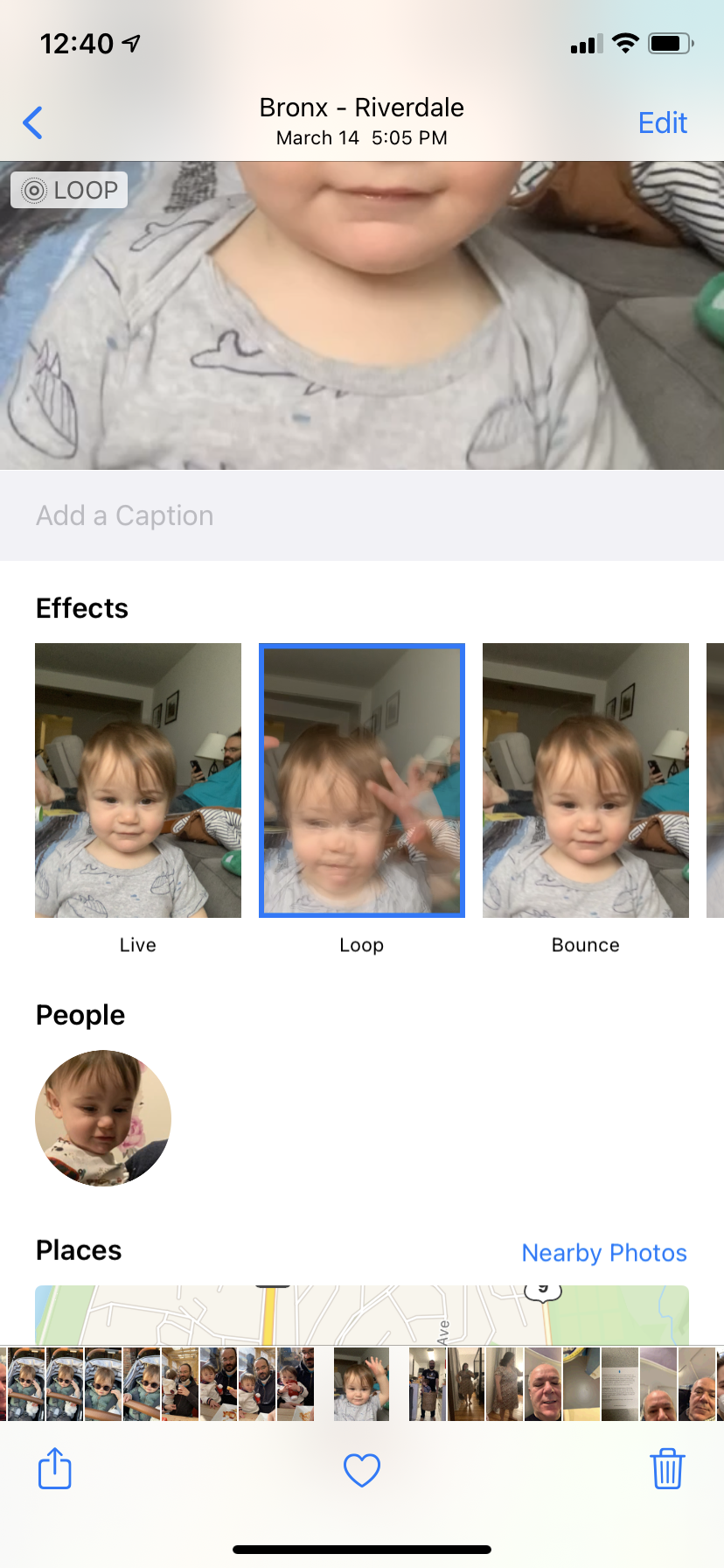 An iPhone's Live Photo editing screen, with the "Loop" effect highlighted.