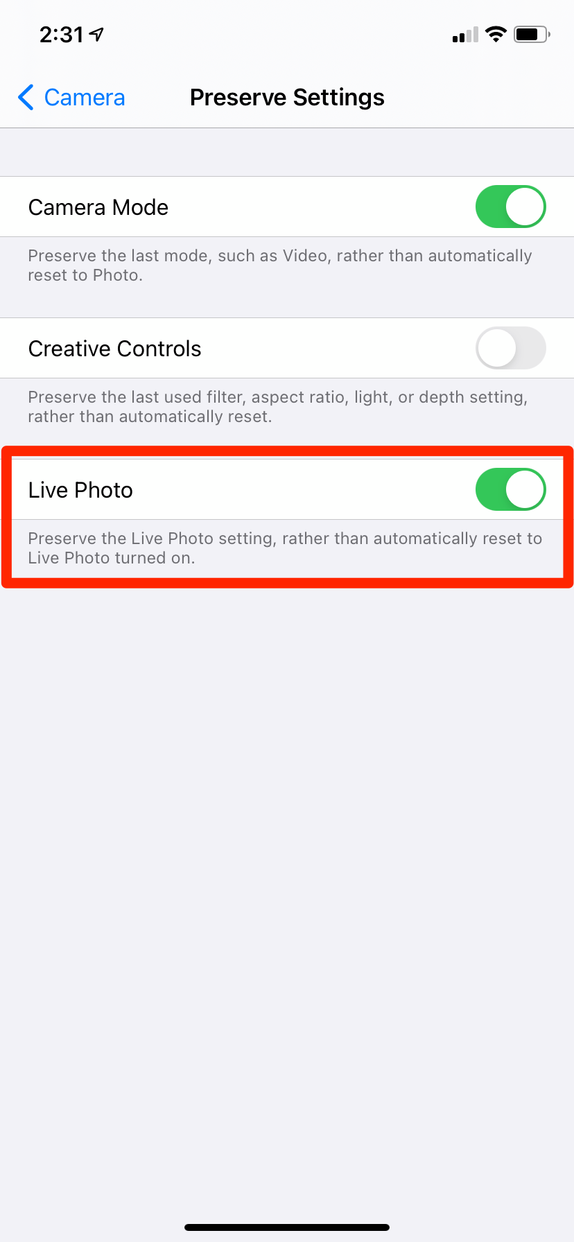 An iPhone's "Preserve Settings" menu, with the "Live Photo" option highlighted.