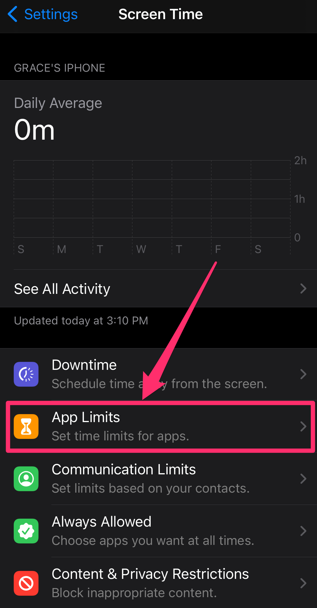 Screenshot of Screen Time page