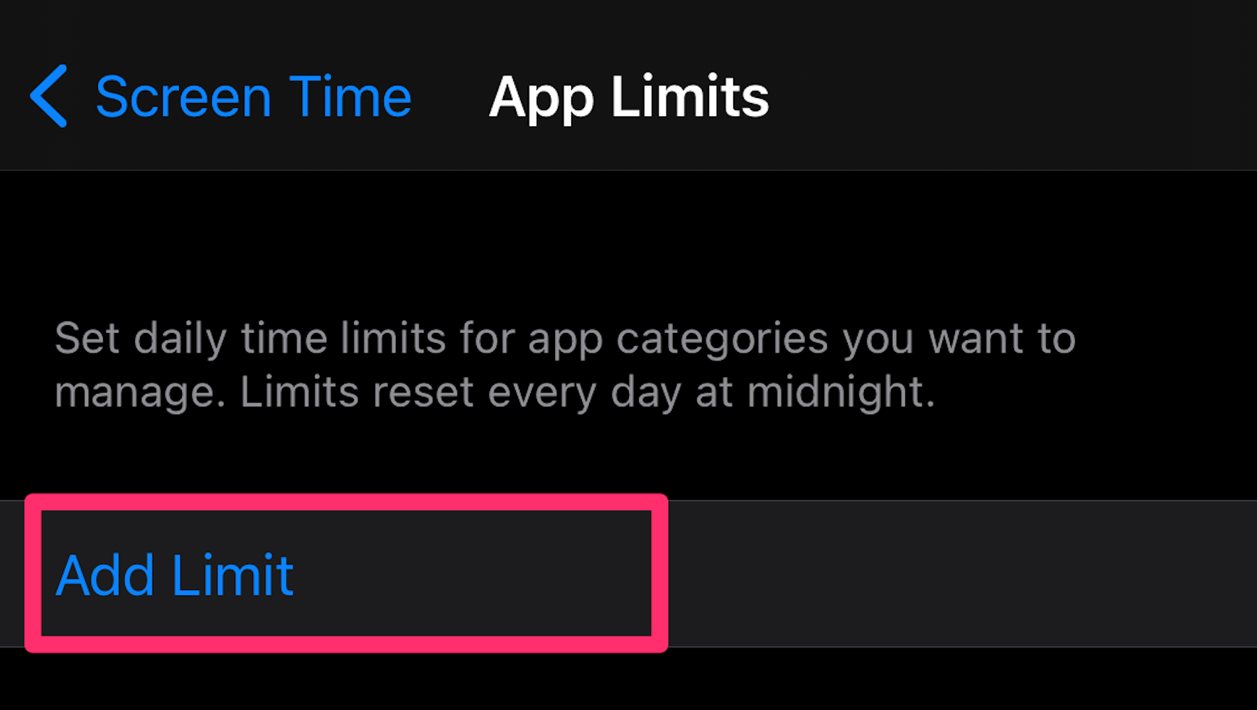 Screenshot of App Limits page to add a limit