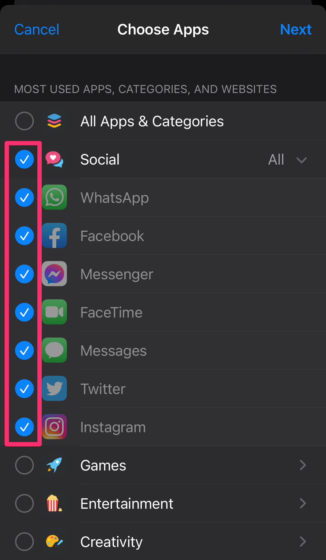 Screenshot of Choose Apps page in Settings