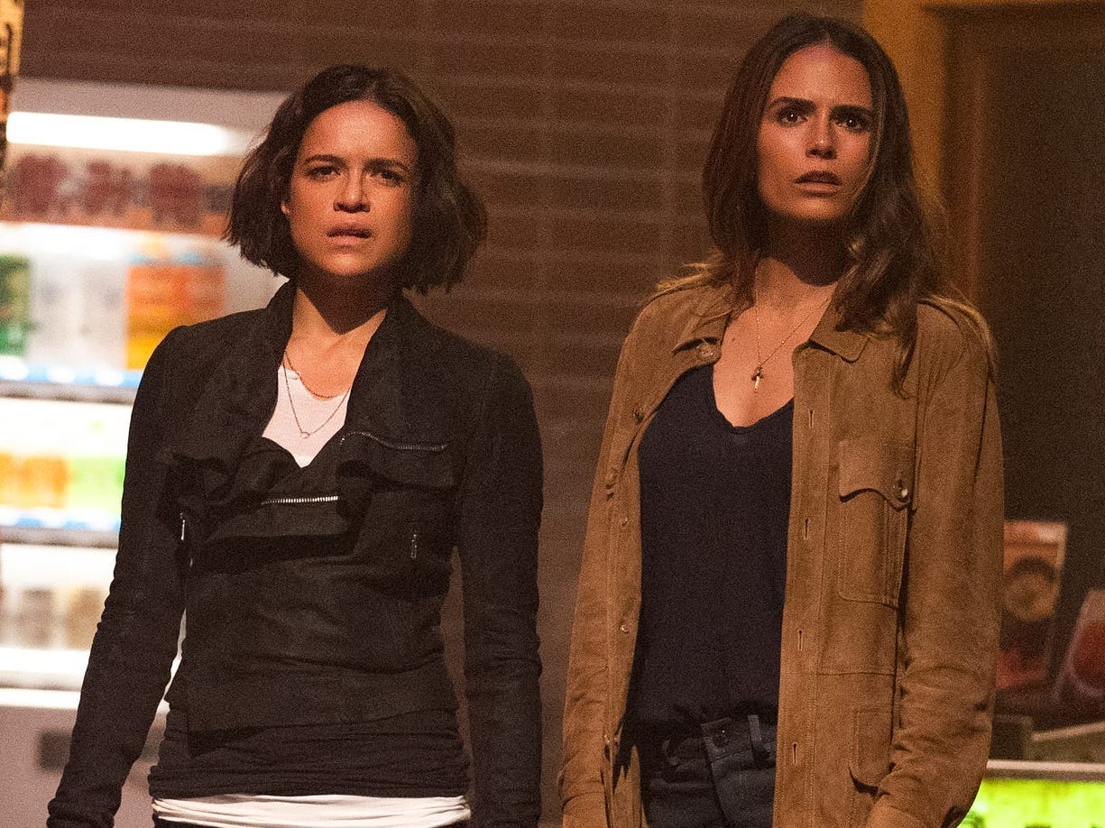 From left: Elle (Anna Sawai), Letty (Michelle Rodriguez) and Mia (Jordana Brewster) in "F9"