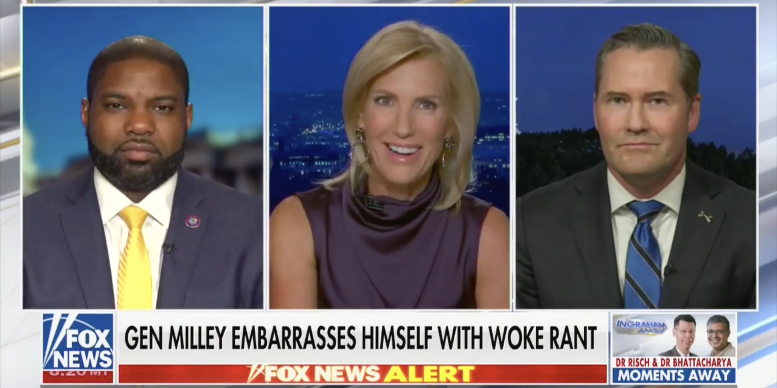 Fox News host Laura Ingraham speaks to guests over a chyron reading "General Milley embarrasses himself with woke rant."