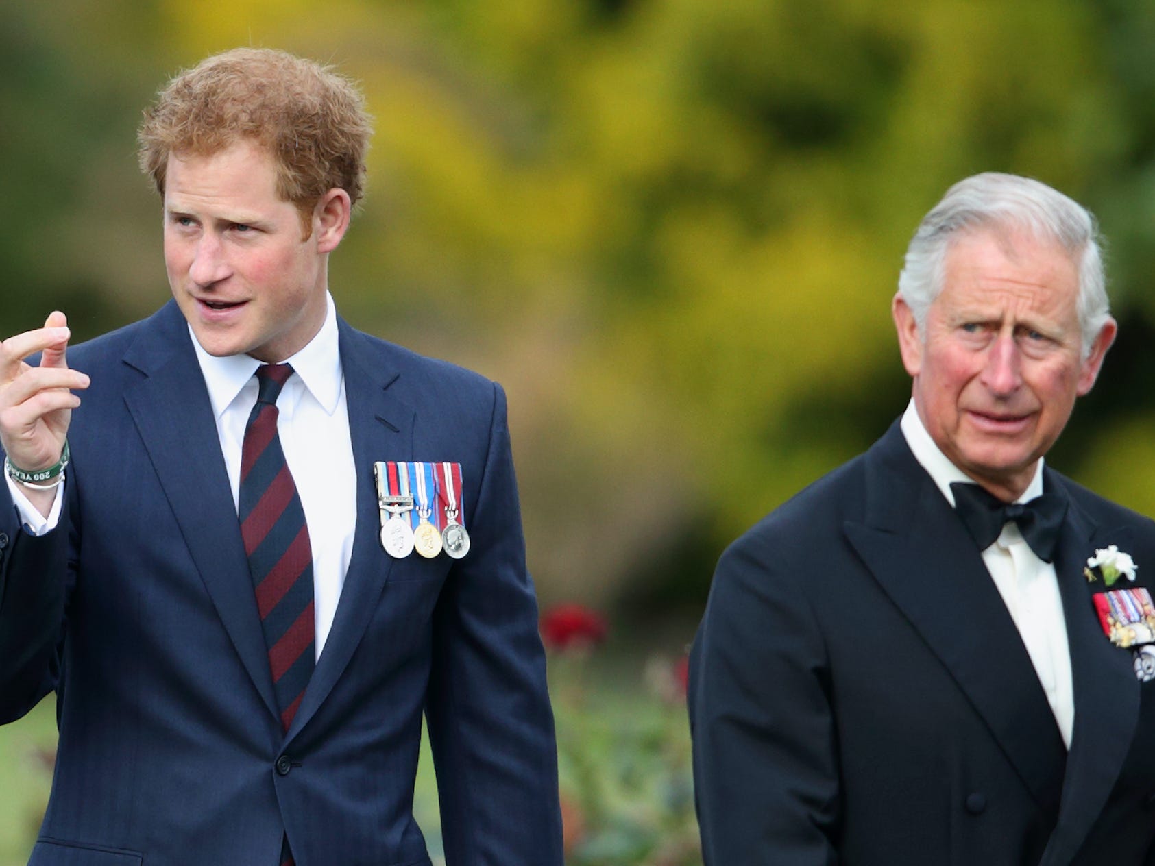 Prince Harry and Prince Charles look to the left while Harry points at something.