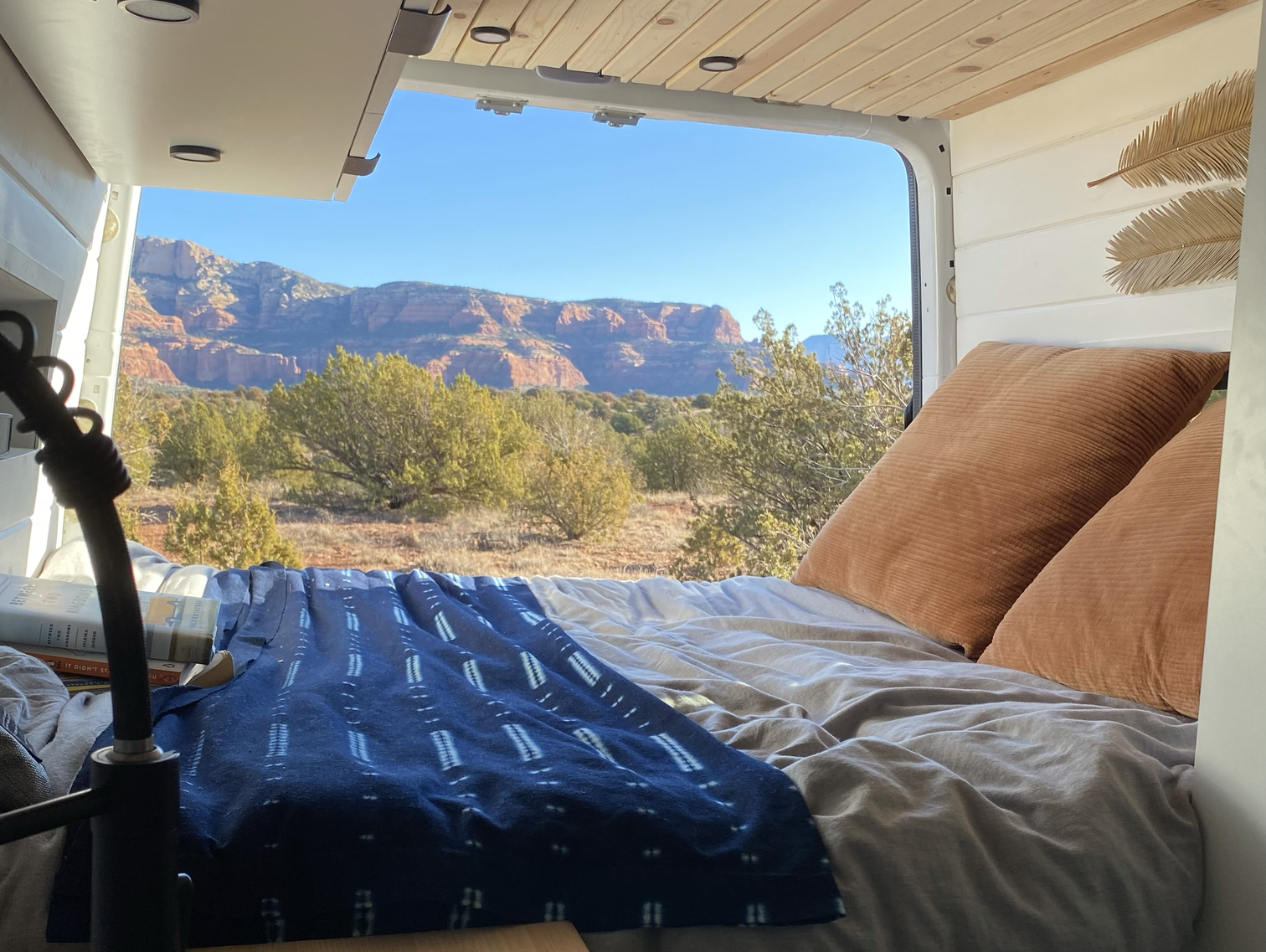 A bed with orange pillows in the back of a white van looks out on a mountainous landscape.