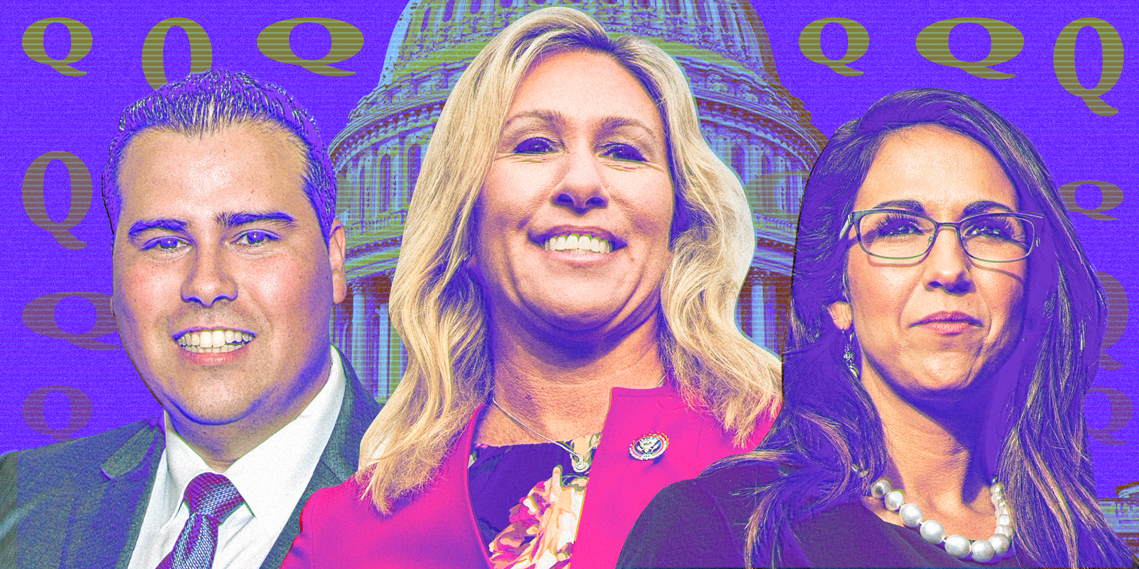 2022 congressional candidates Omar Navarro, Marjorie Taylor Greene, and Lauren Boebert with warped Qs and the Capitol building behind them on a purple background