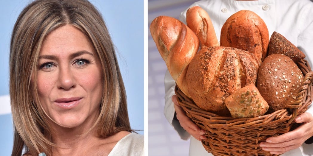 Jennifer Aniston, the actress, accepting an award/a baker in a white chef's coat holding a large basket of different loaves of bread