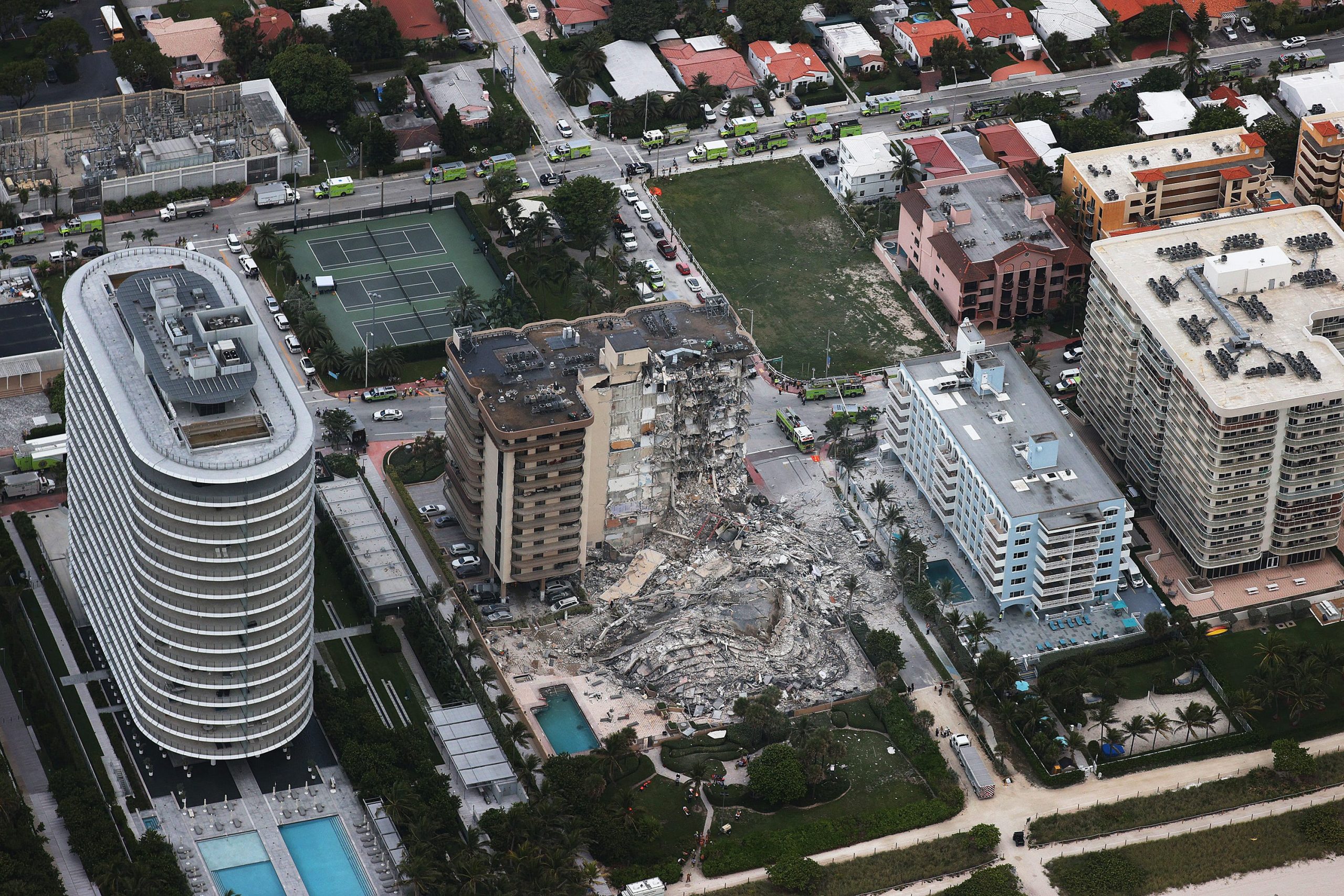 An aerial view of the Florida condo building that partially collapsed early Thursday.