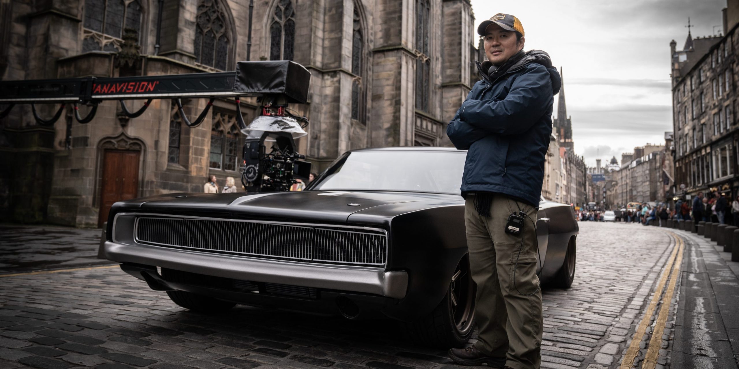 Director Justin Lin on the set of Fast 9 with Dom's iconic Charger