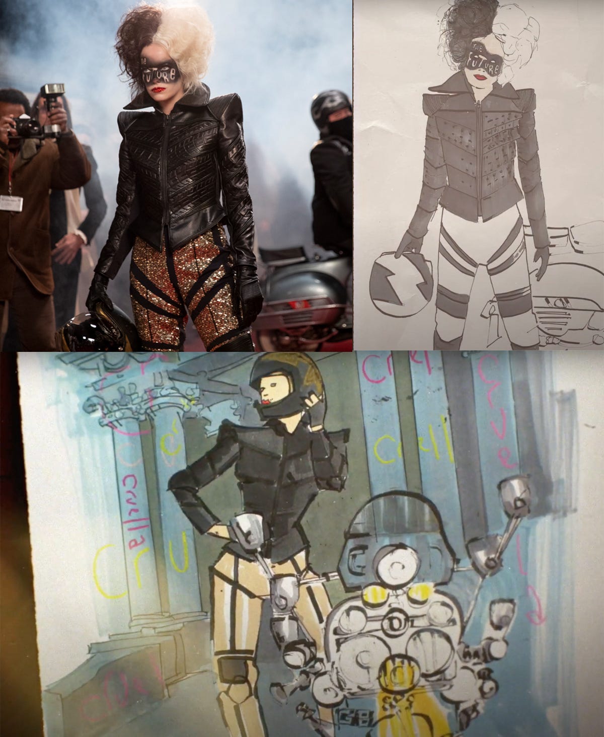 Emma Stone as Cruella. Sketches show designs for her motorcycle look.