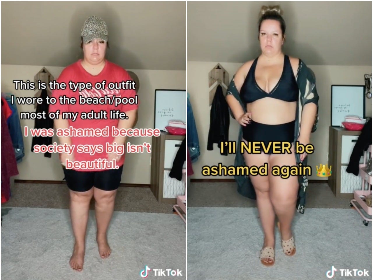A side by side of TikTok user @MrsBosin comparing the T-shirt she used to wear to the pool with the bikini she's wearing this summer.
