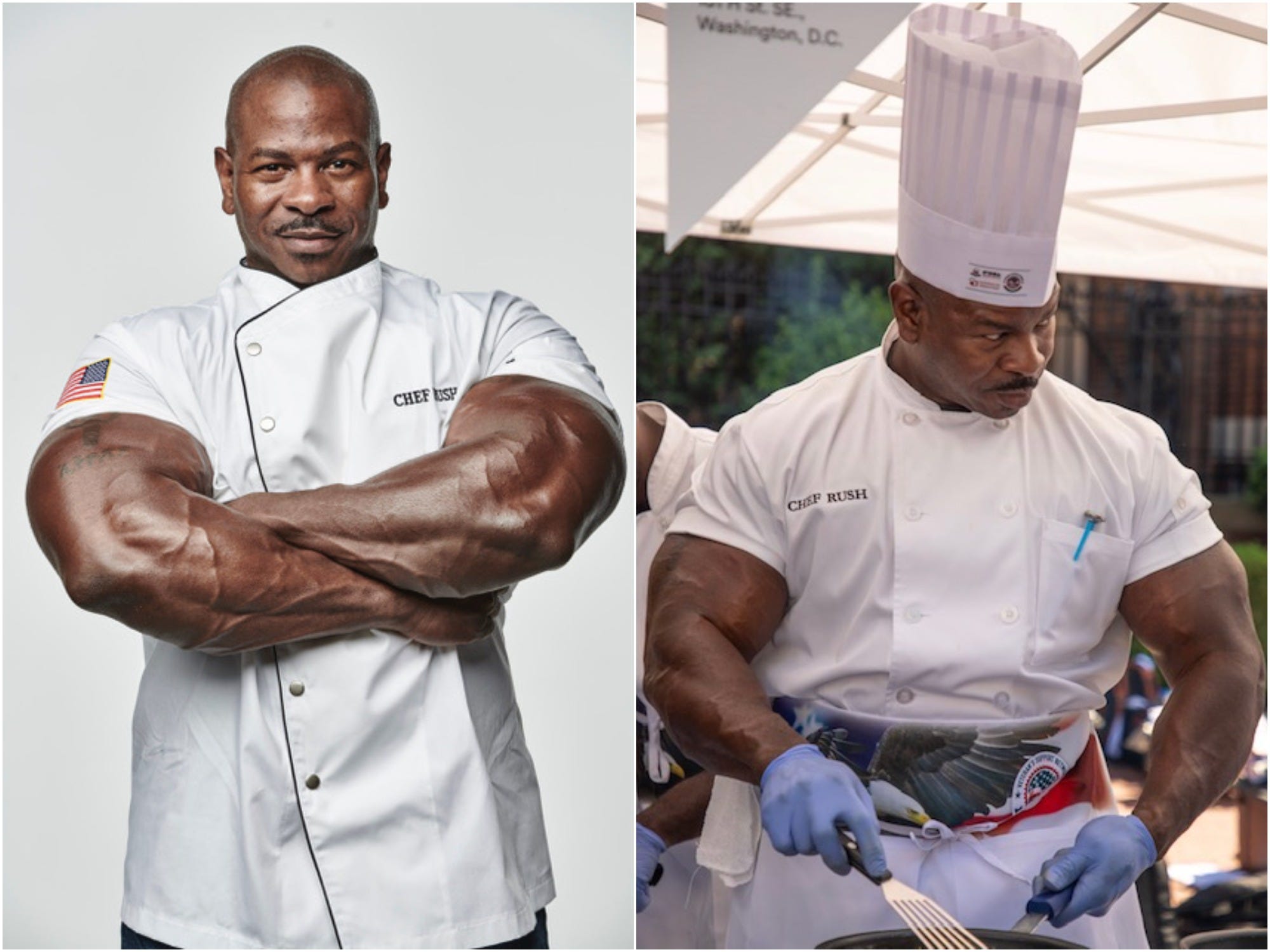 Two images of Andre Rush in his chef's whites.