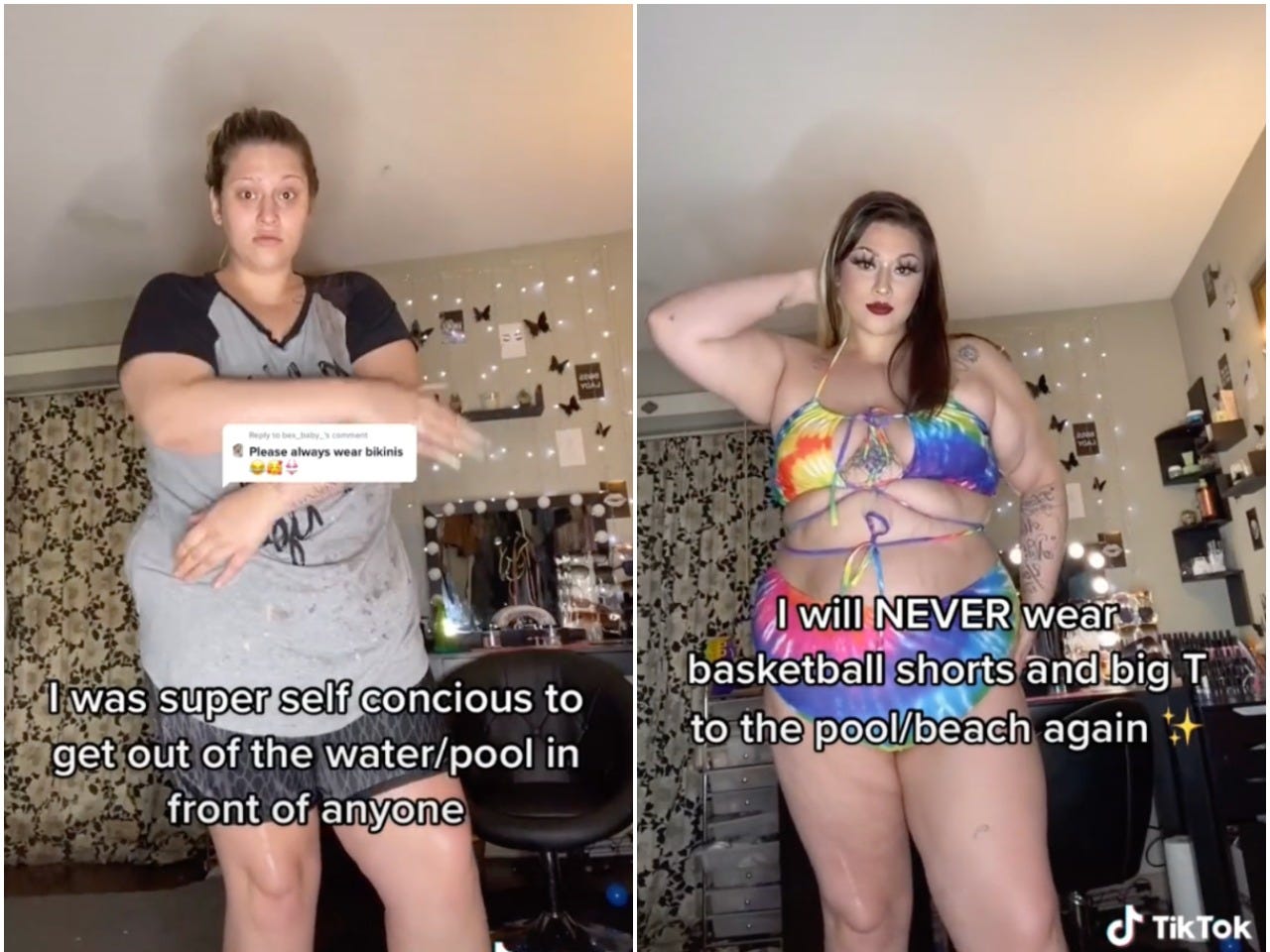 TikTok user @pressedbysativa wears a grey oversized t-shirt (left) before changing into a rainbow color strappy swimsuit (right).