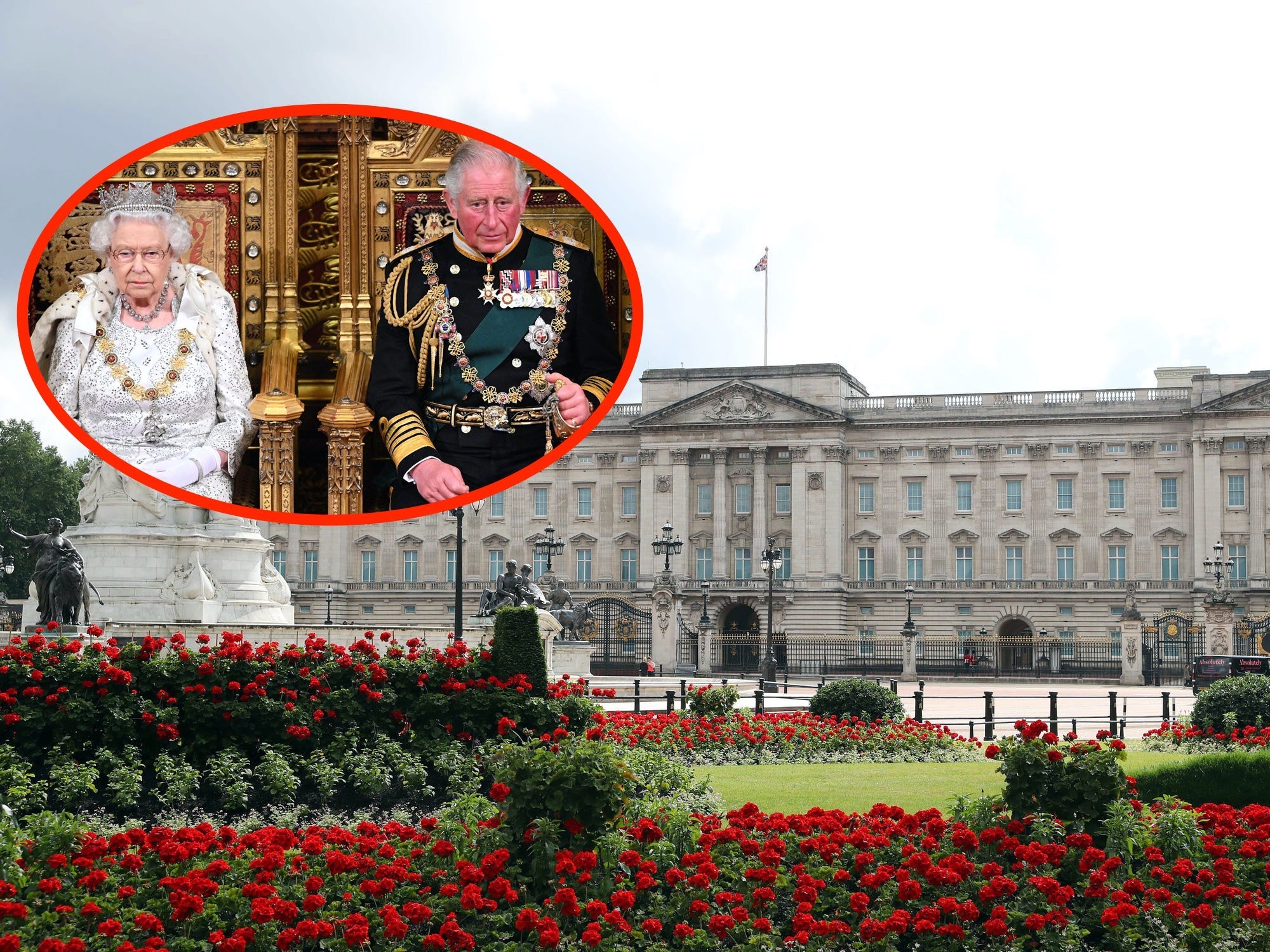 A castle with flowers in front of it. A photo of Queen Elizabeth and Prince Charles is circled in red on top of the background image.