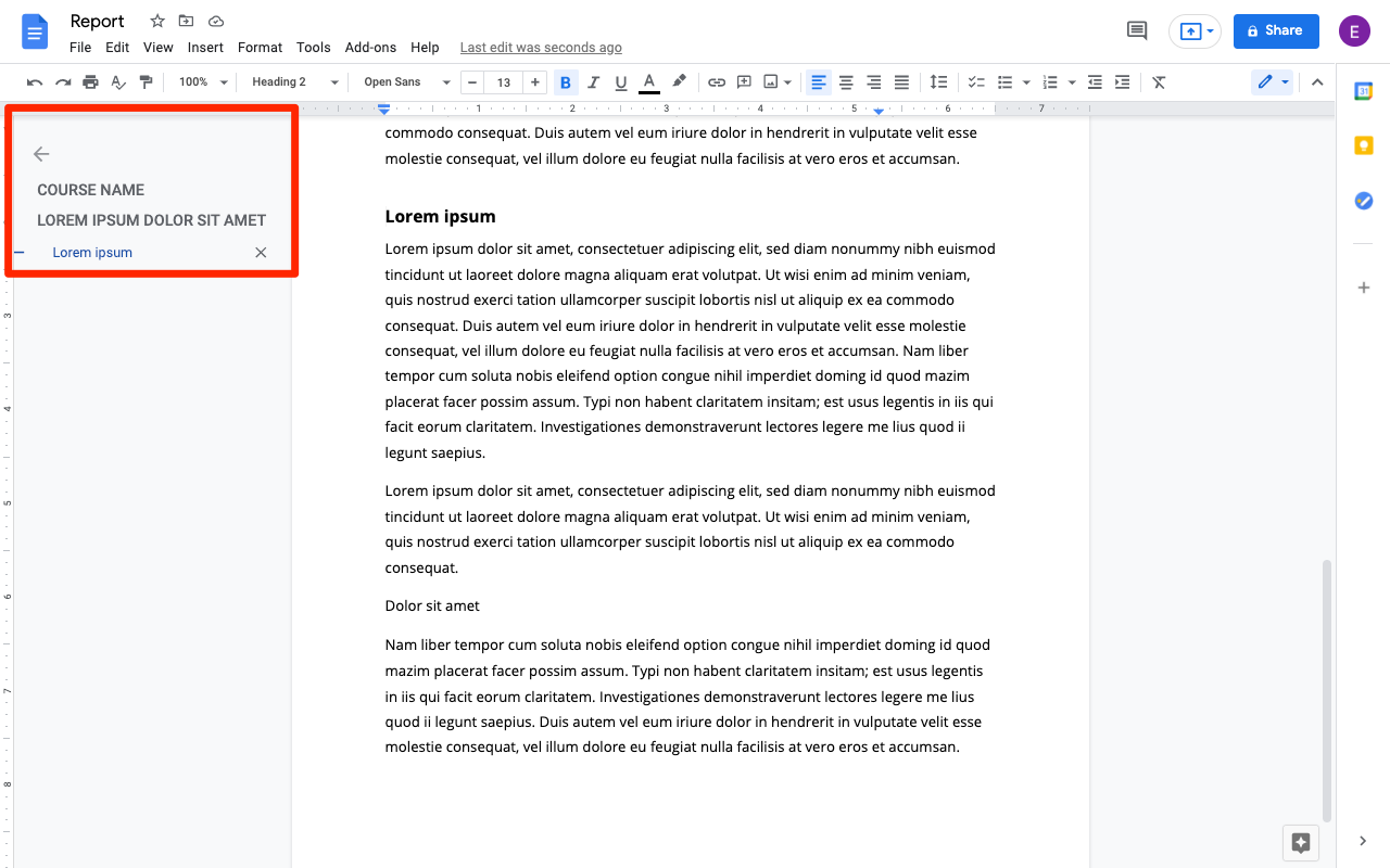 A Google Docs file with a table of contents on the side.