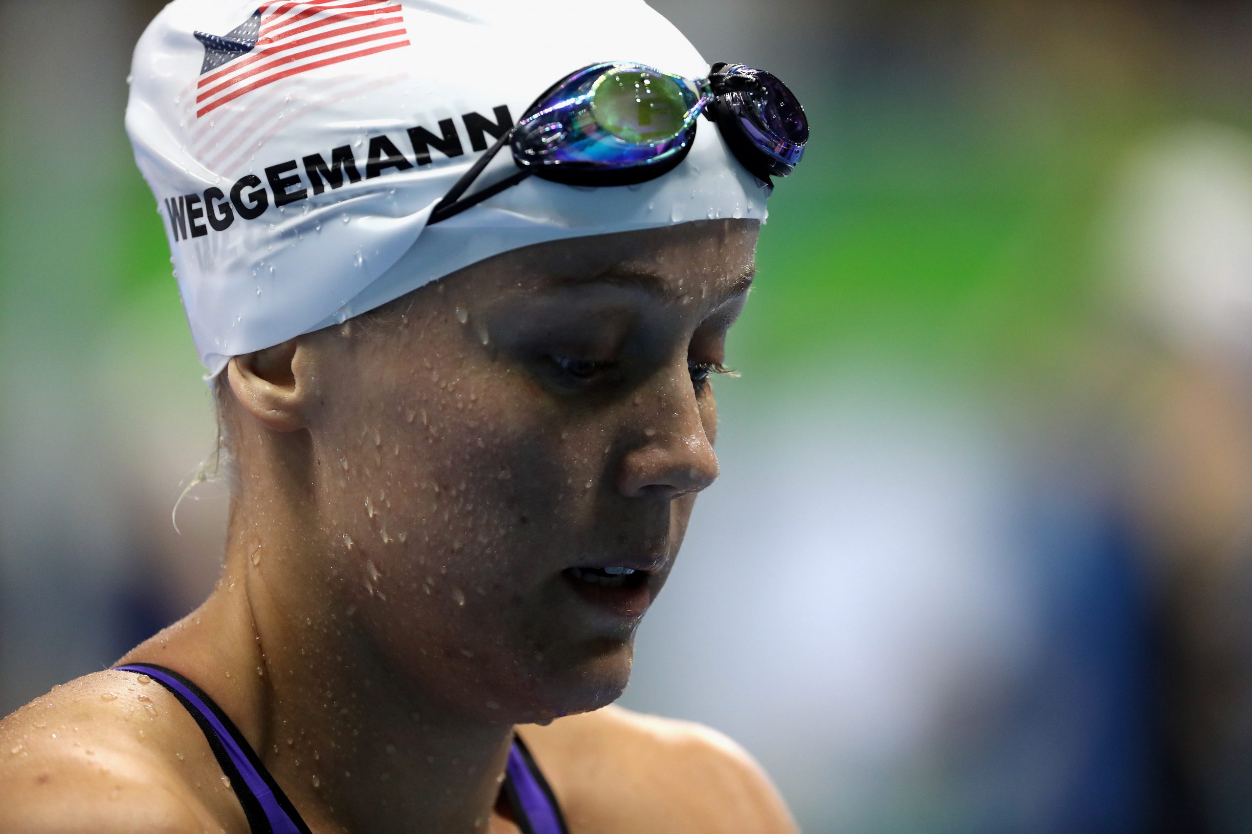 A close-up of Mallory Weggemann, whose face is still wet, after she competed in the Women's 100m Butterfly - S8 at the 2016 Rio Paralympic Games.