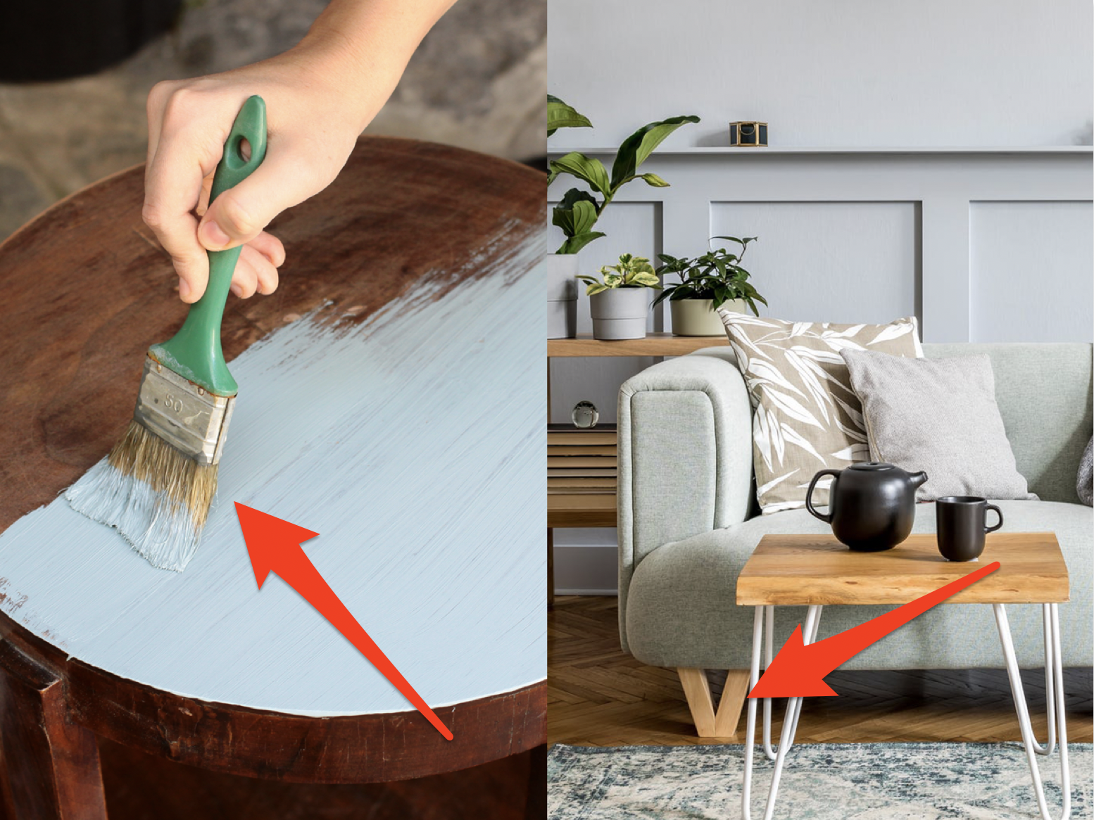 (left) red arrow pointing to hand painting a wooden table blue, (left) red arrow pointing to interesting legs on gray couch