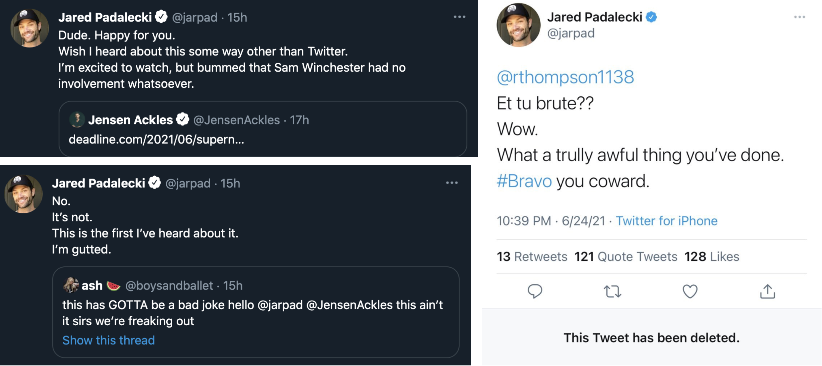 Padalecki's tweets the night of the prequel announcement, including one he deleted.