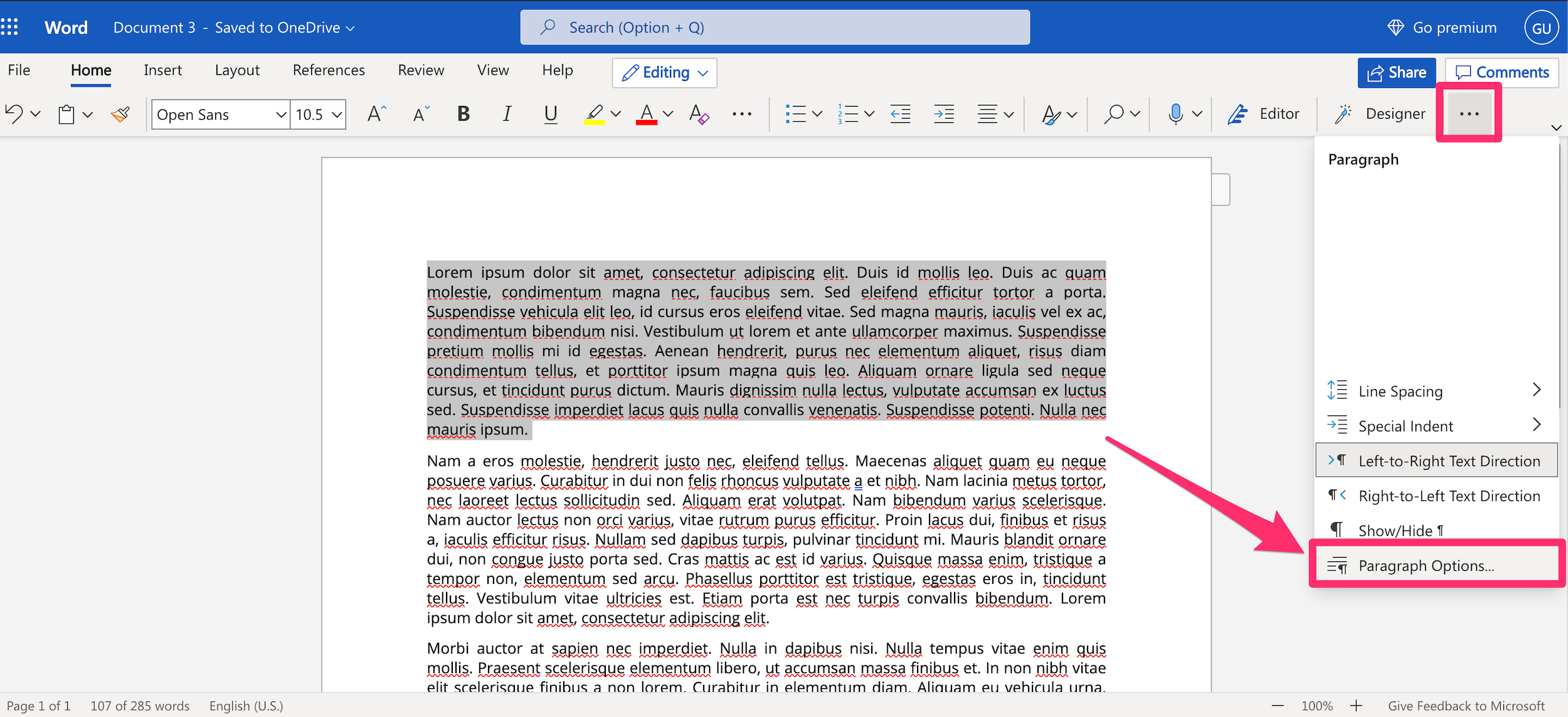 Screenshot of Word on the Web More Options drop-down menu