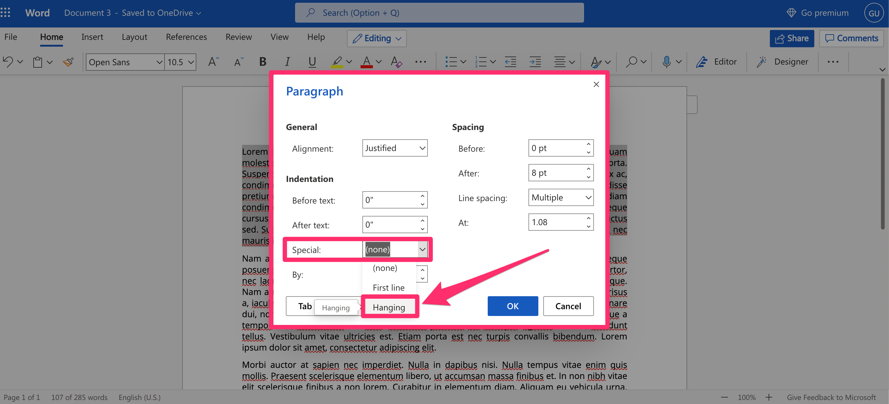 Screenshot of Paragraph pop-up window in Word