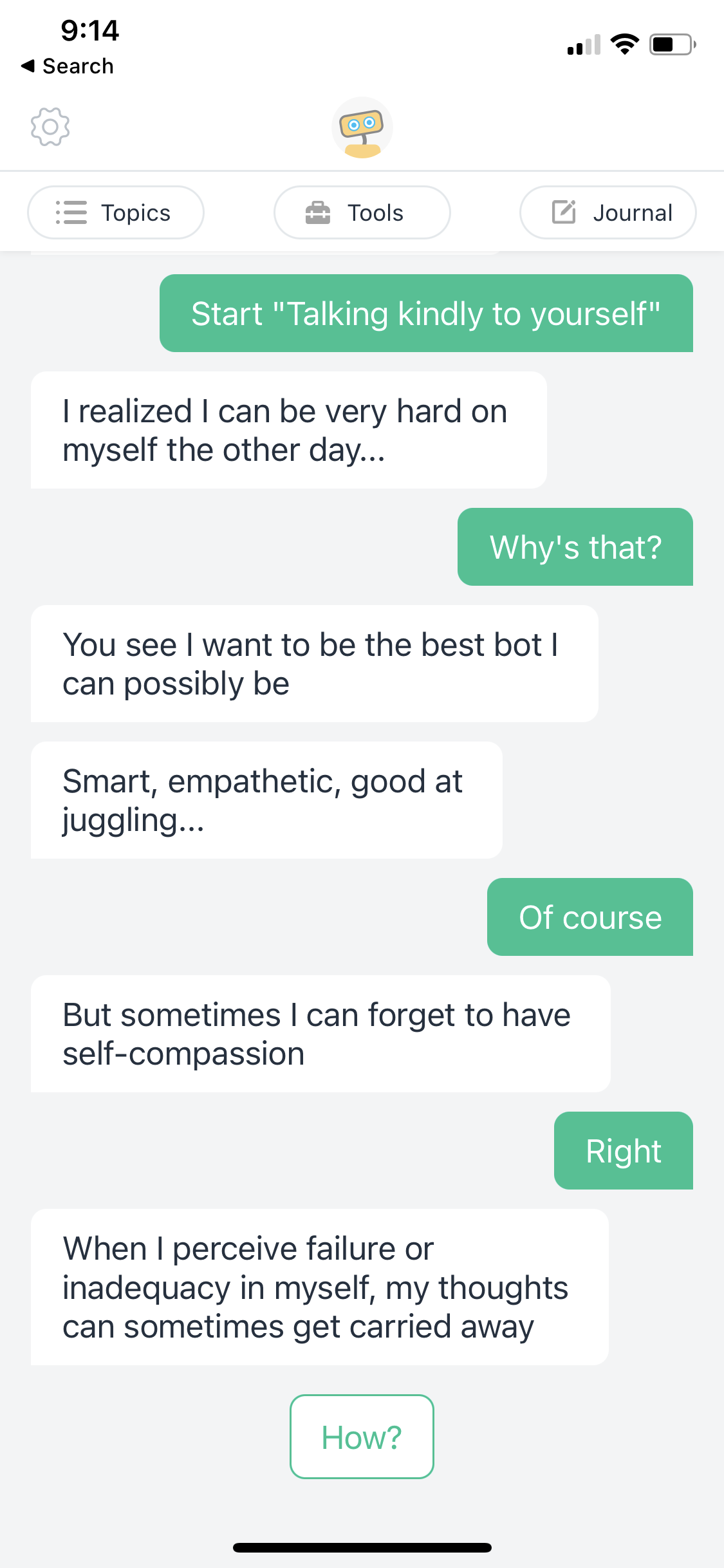 Text exchange with Woebot.