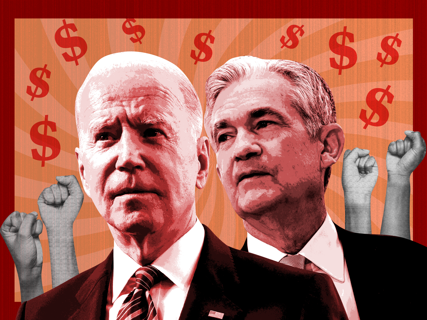 President Joe Biden and the chair of the Federal Reserve, Jerome Powell in front of a red revolutionary poster background with raised fists in the air and dollar signs surrounding them.