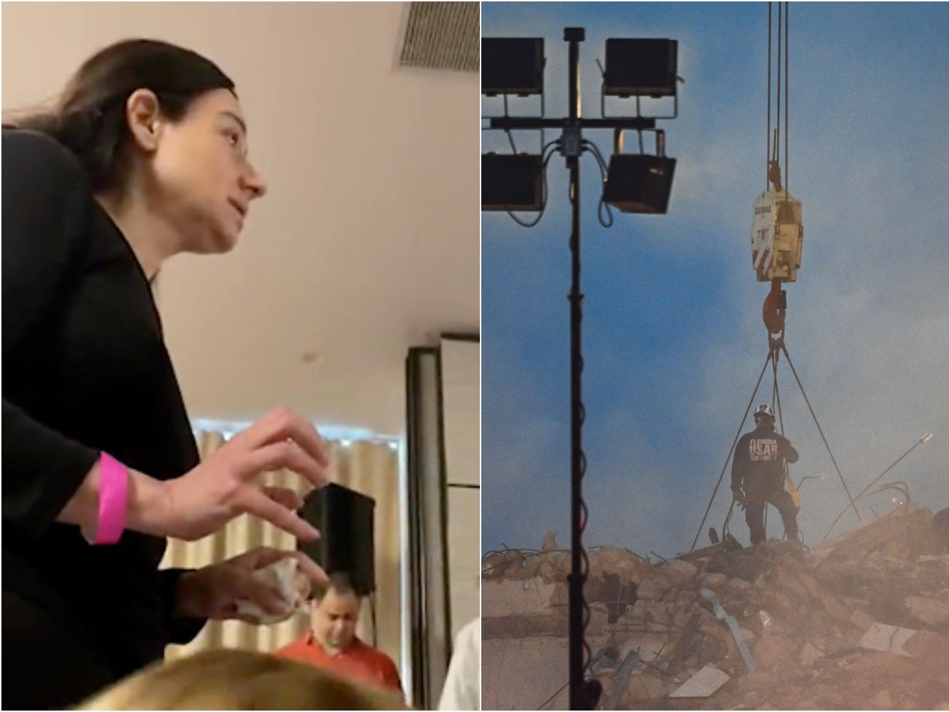 Woman pleads with Gov. Ron DeSantis, left. The rubble at the collapsed Miami condo complex, right.