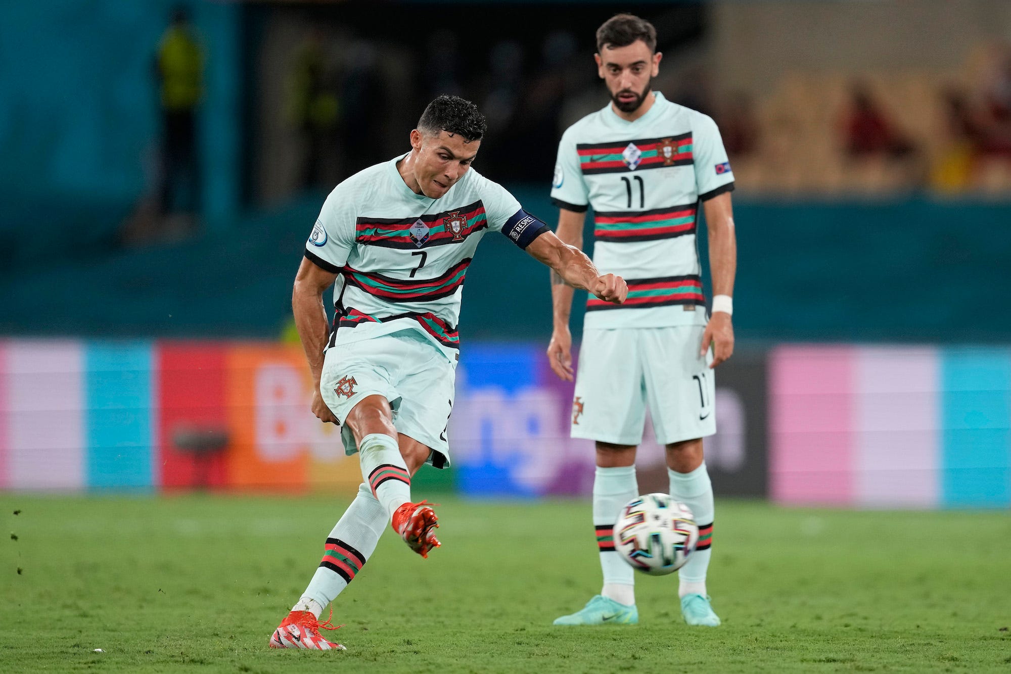 Cristiano Ronaldo takes a free kick during Portugal’s Euro 2020 match against Belgium