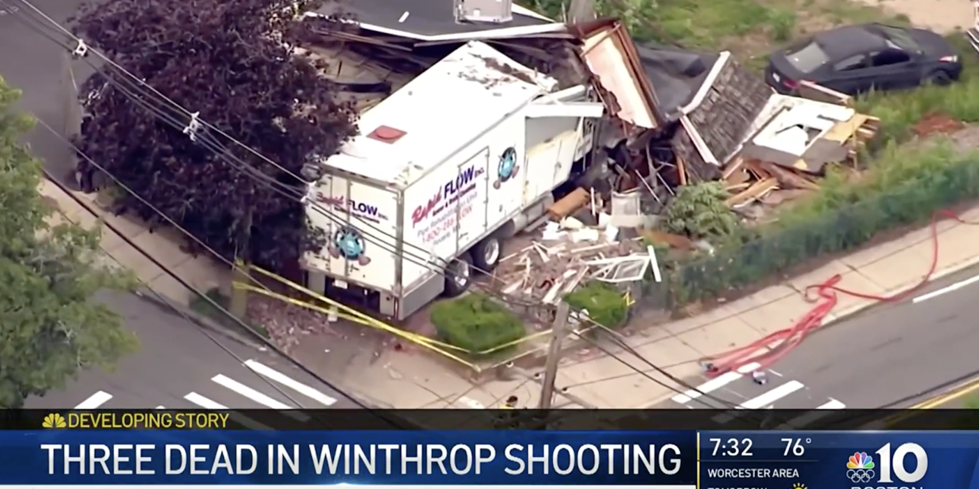 An aerial view of the crashed truck the suspect was driving before the shooting.