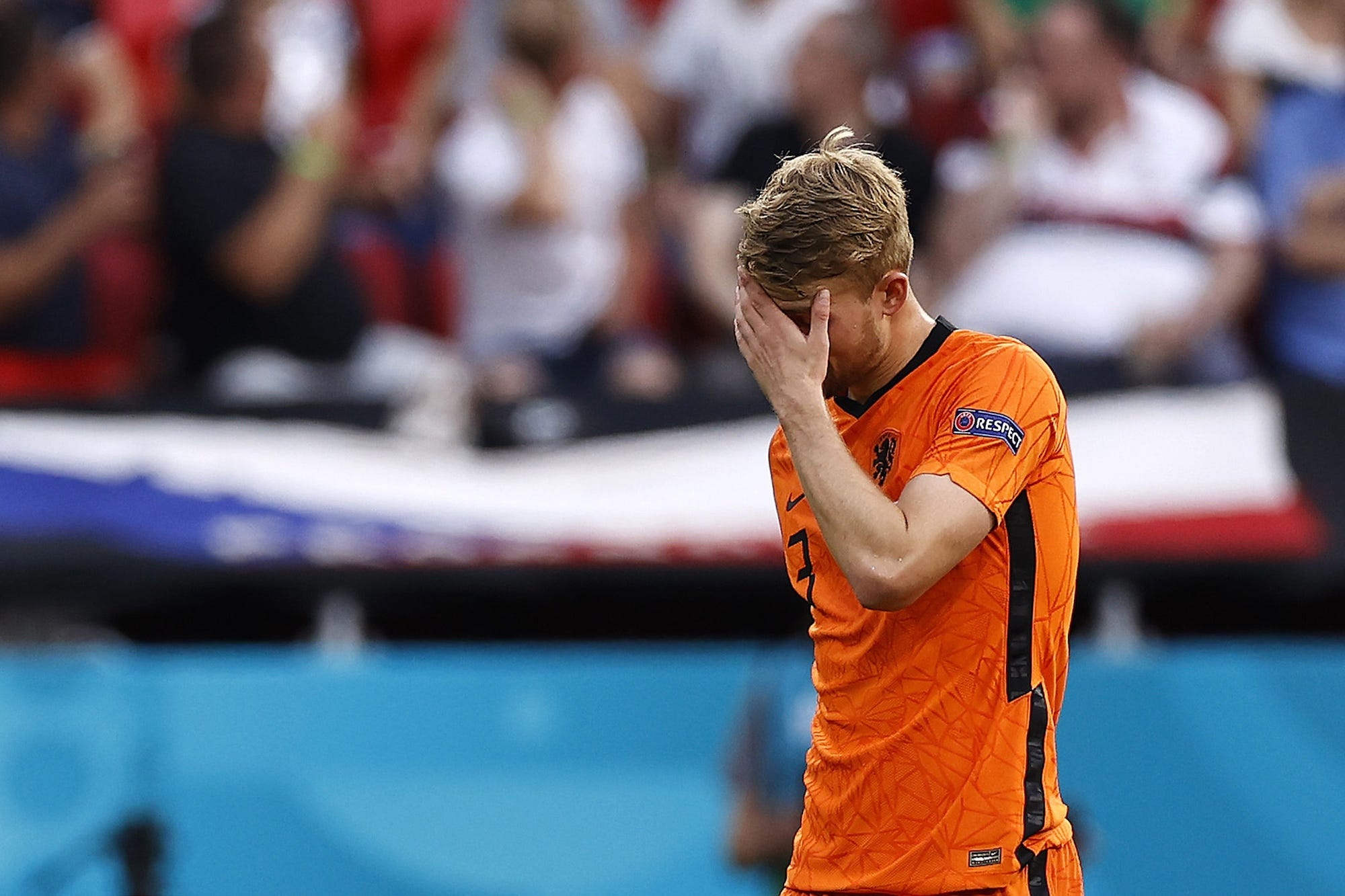 De Ligt looks down in horror after being sent off for the Netherlands at Euro 2020