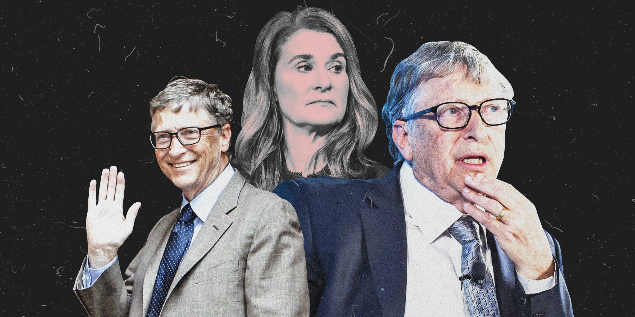 One image of a smiling Bill Gates on the left, a stern Melinda Gates in the center, and a thinking Bill Gates to the right on a black background