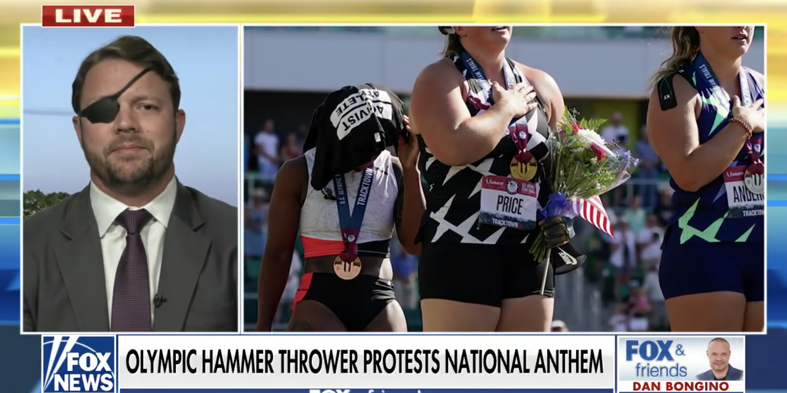 Rep. Dan Crenshaw, R-Tex., appears on Fox News to call for US Olympian Gwen Berry to be "removed from the team" after she protested with a T-shirt during the national anthem.