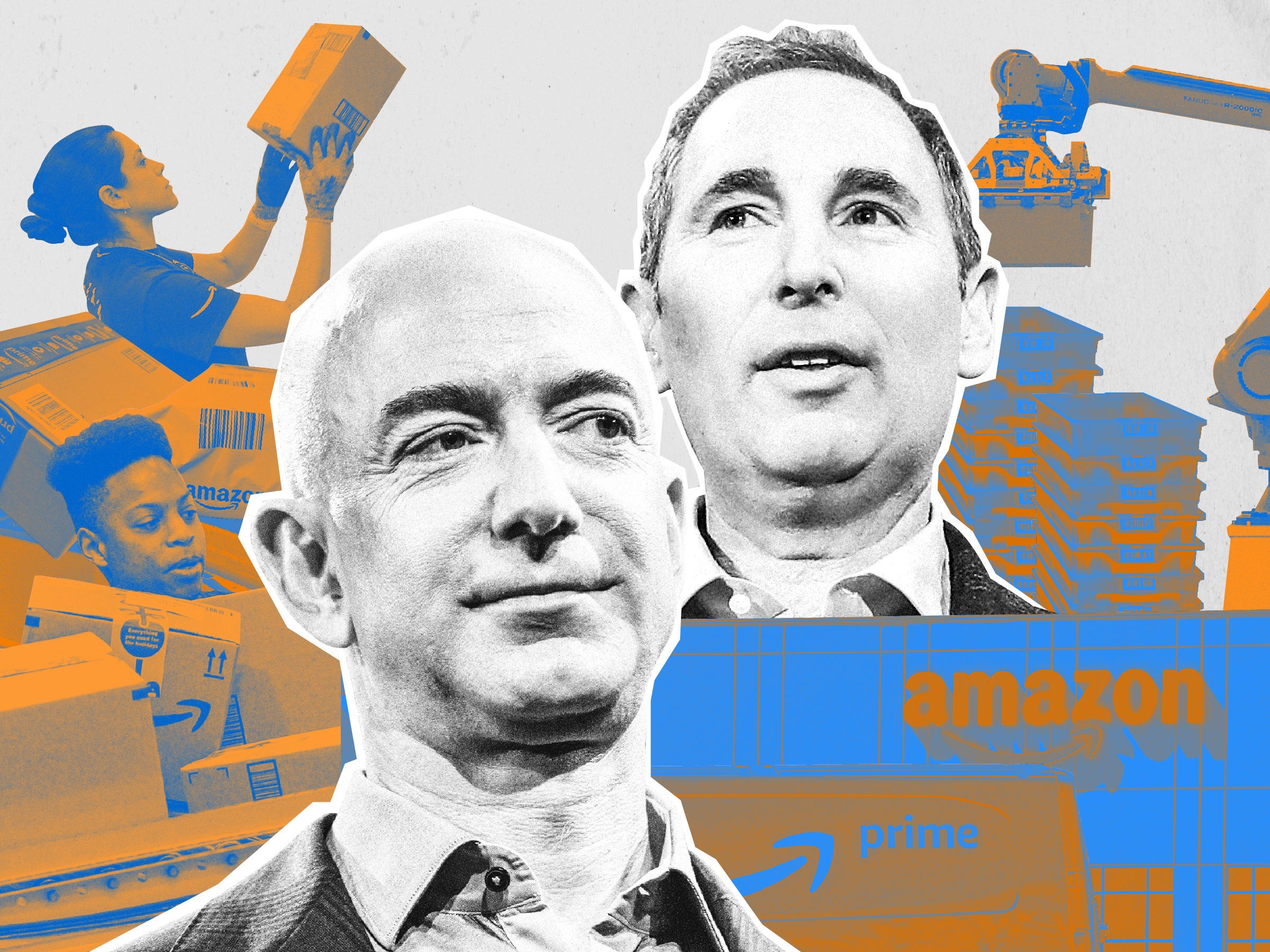 Jeff Bezos and Andy Jassy surrounded by images of workers and robots in Amazon warehouses