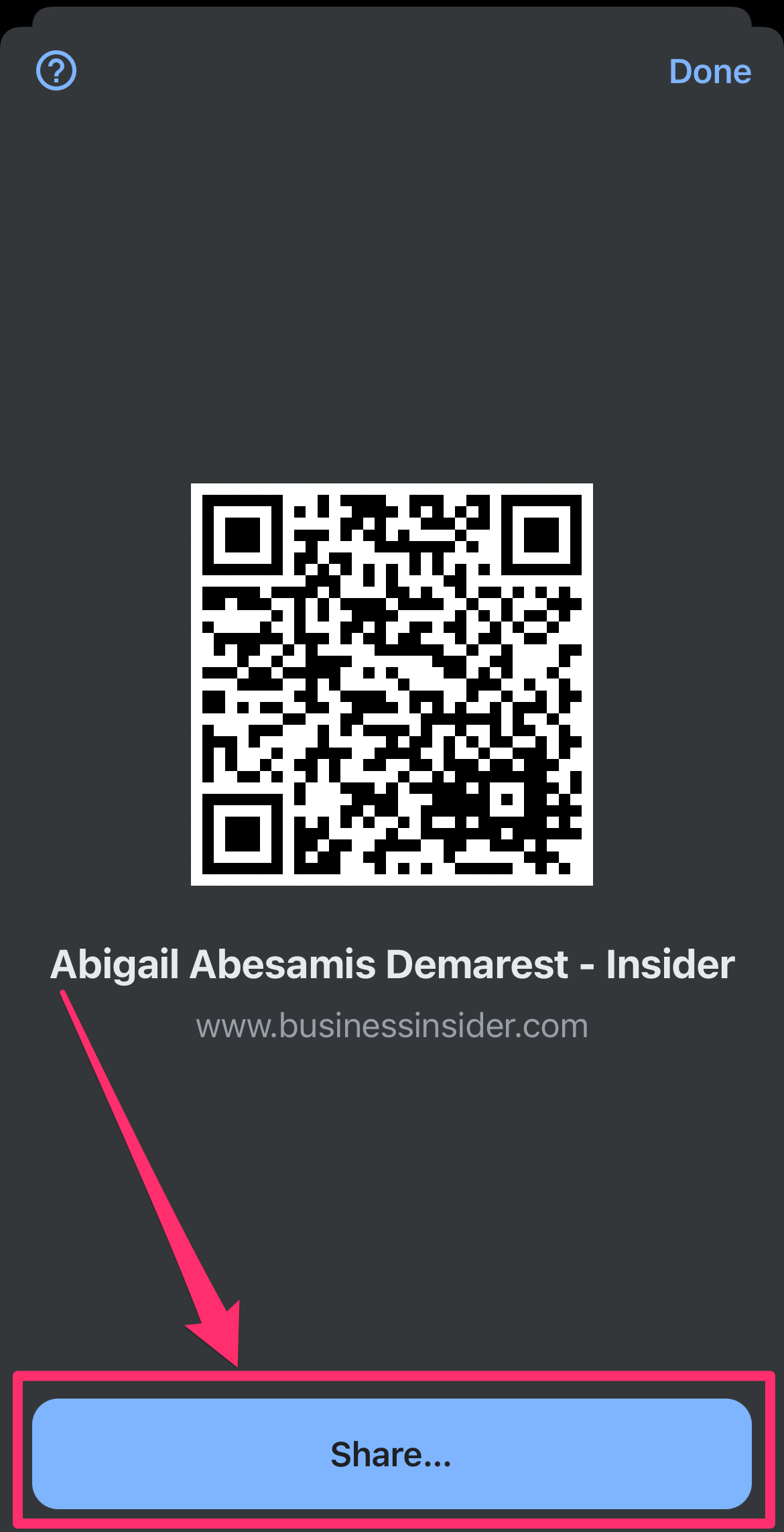 Screenshot of QR code pop-up and Share button on Chrome app on iPhone