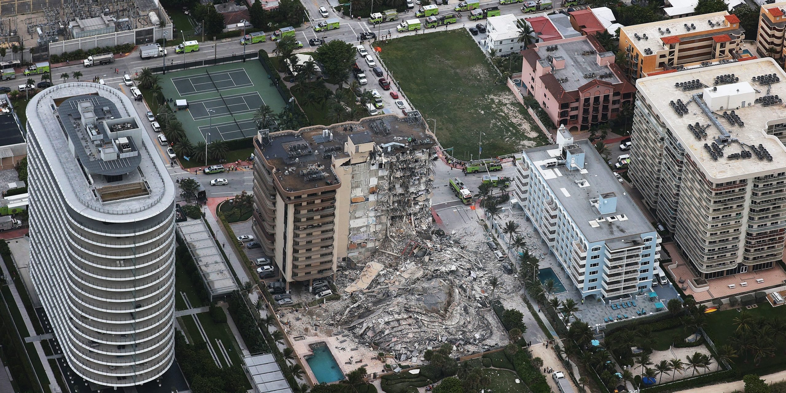 An aerial view of the Florida condo building that partially collapsed early Thursday.