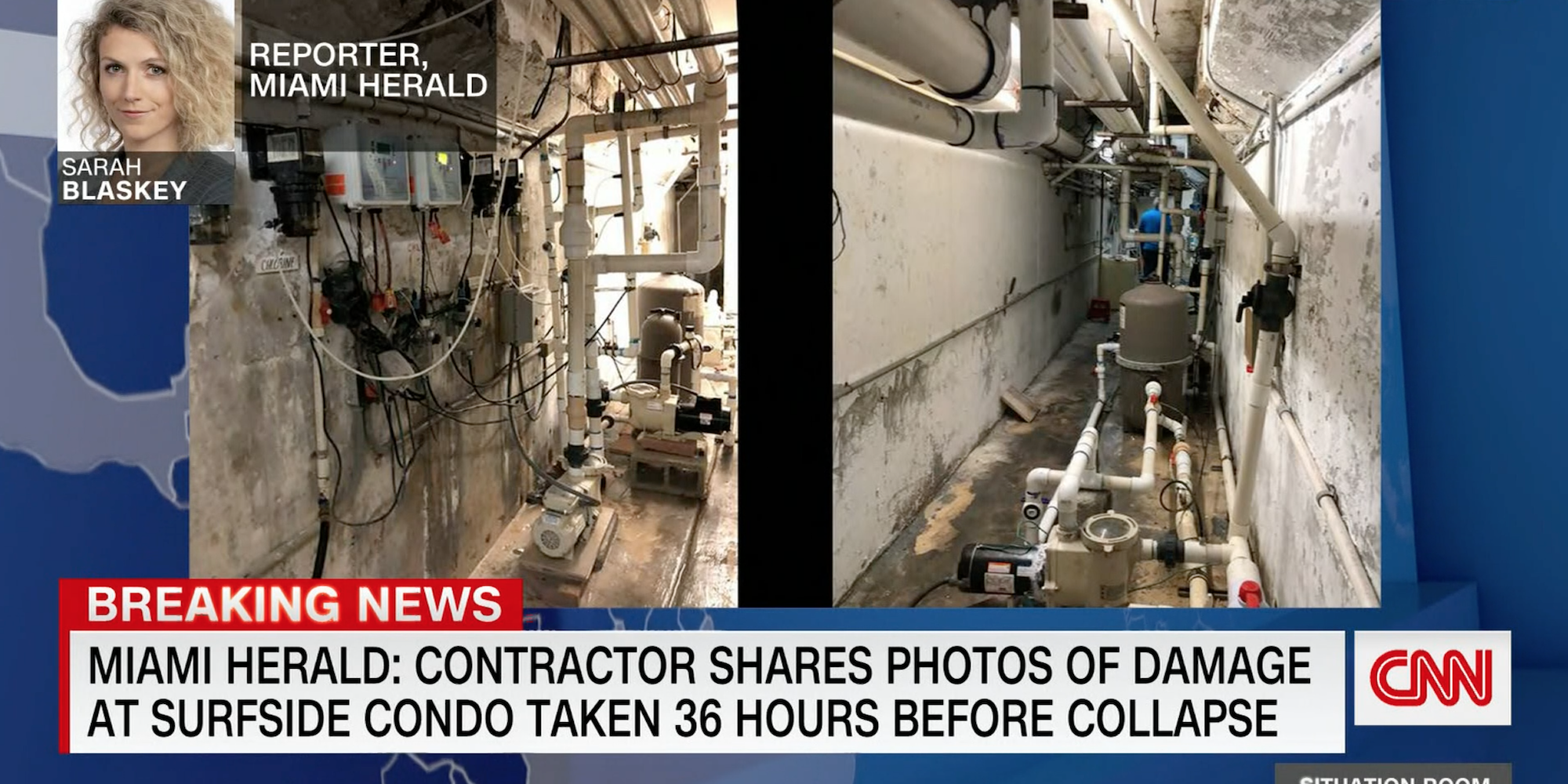 A screenshot of a CNN report that shows the images of the damage in the building's pool equipment room.