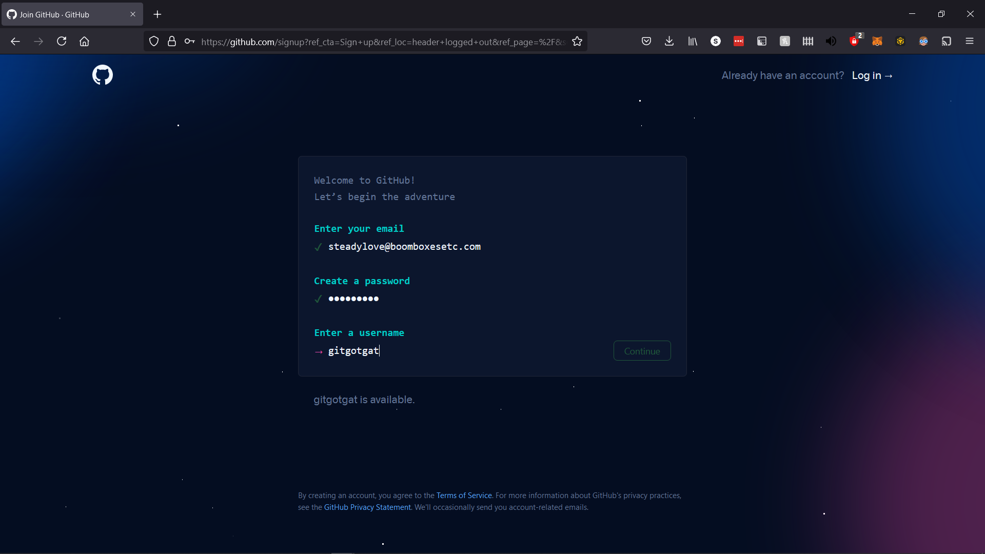 Github.com account creation page