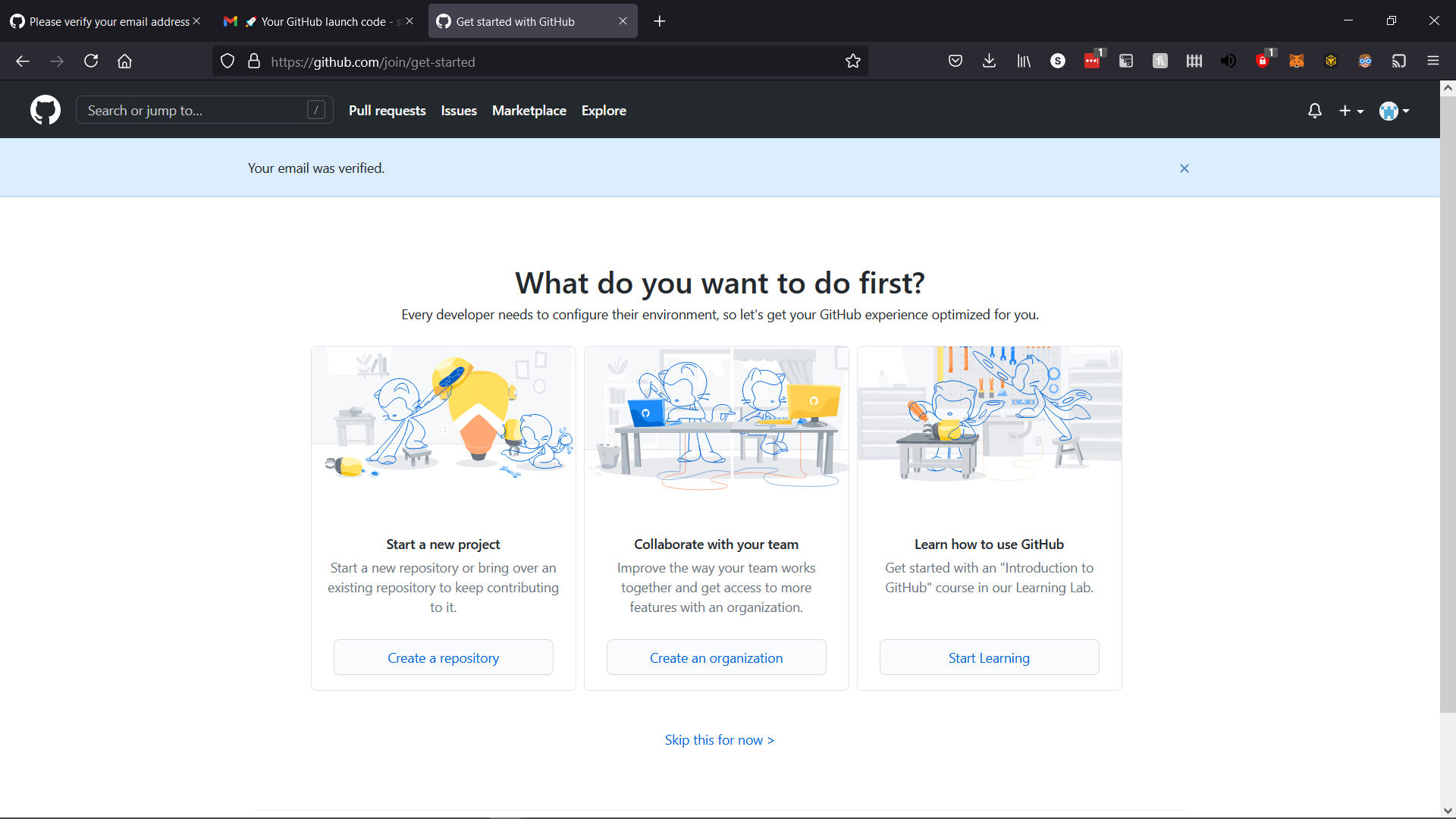 GitHub homepage with option to create a repository.