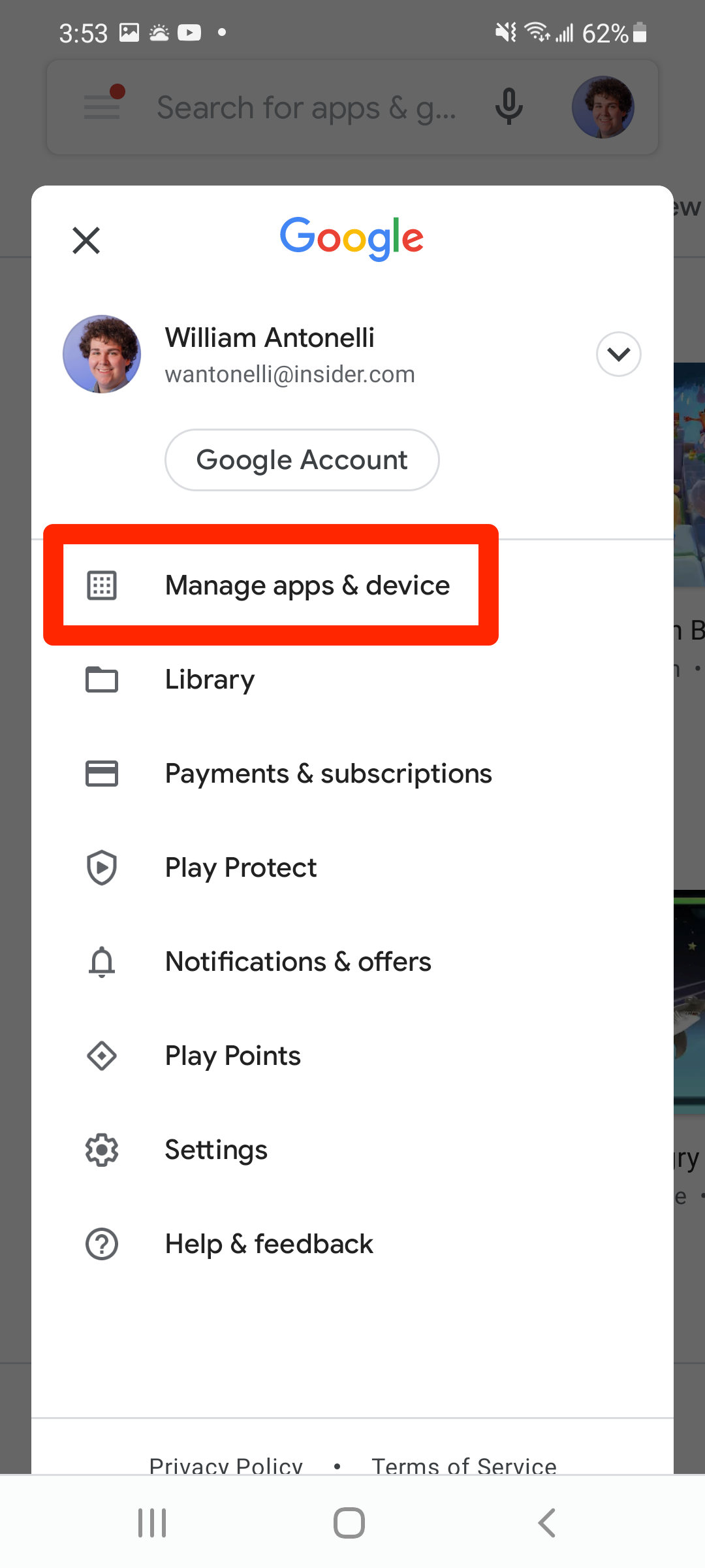 The Google options screen in the Google Play Store, with "Manage apps & device" highlighted.