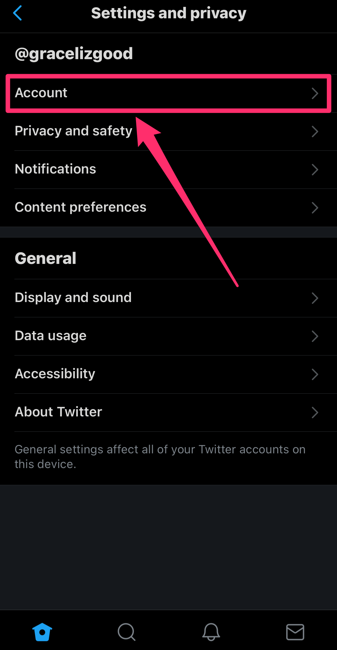 Screenshot of Twitter app Settings and privacy page