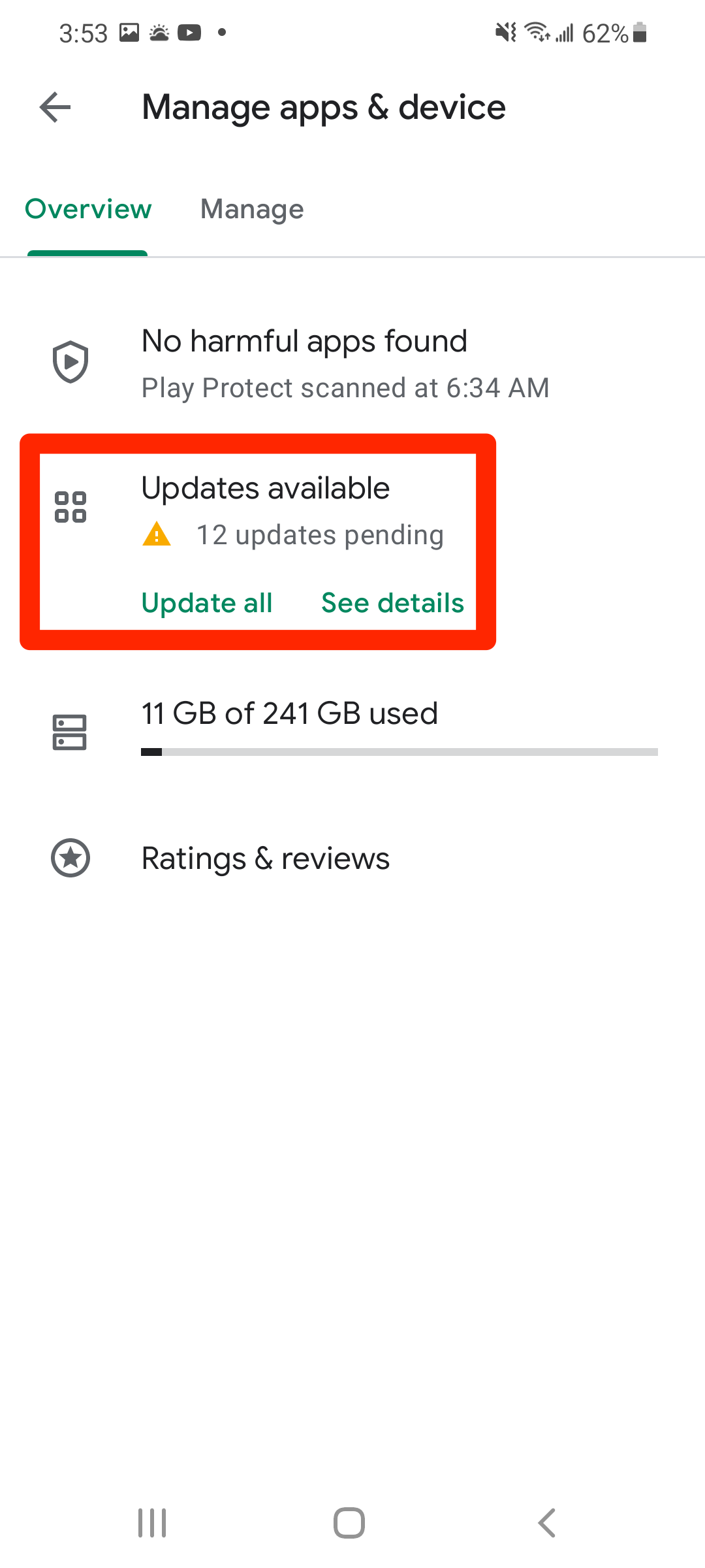 The Google Play Store's "Manage apps & device" page, with the "Update available" option highlighted.