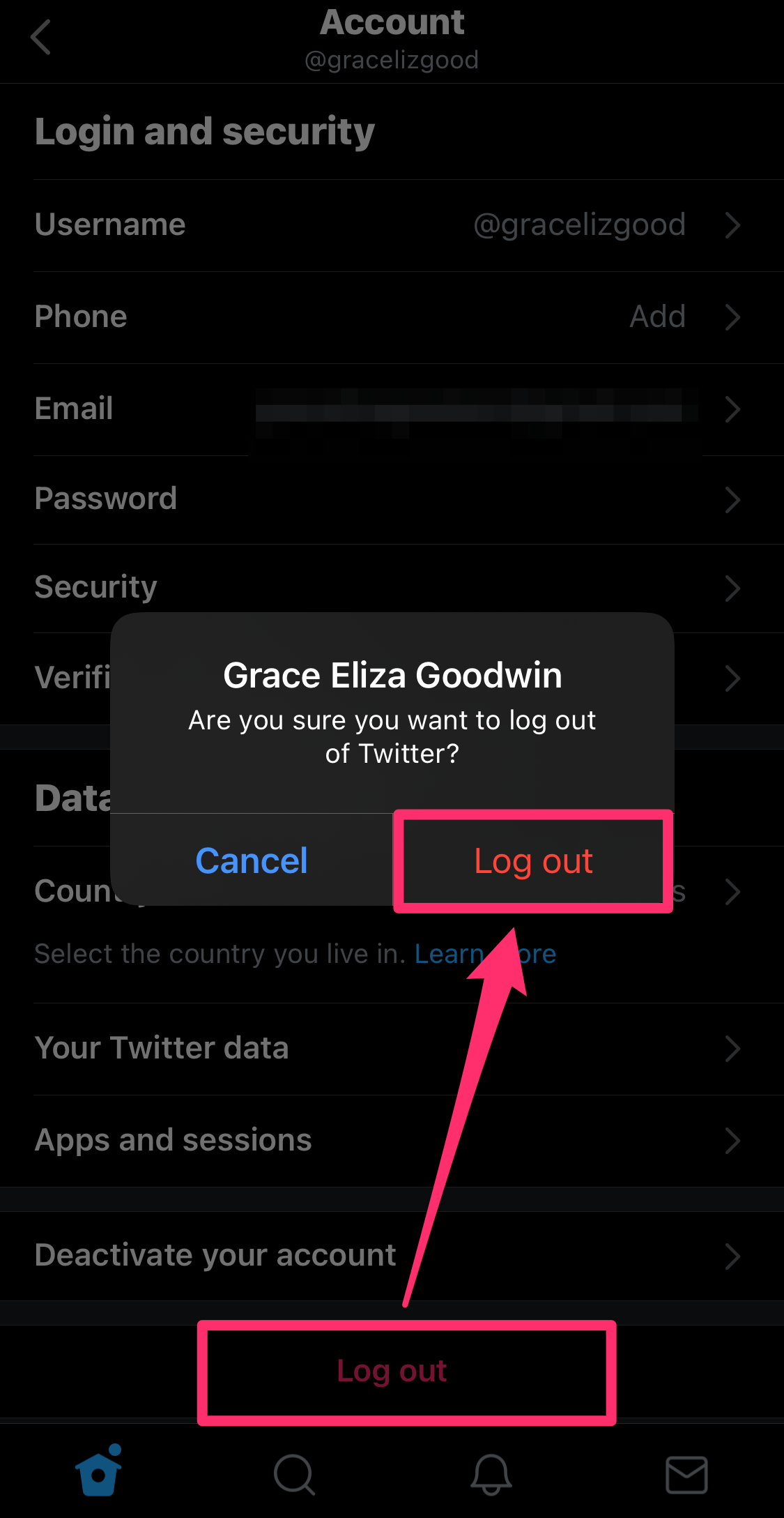 Screenshot of Twitter app log out pop-up