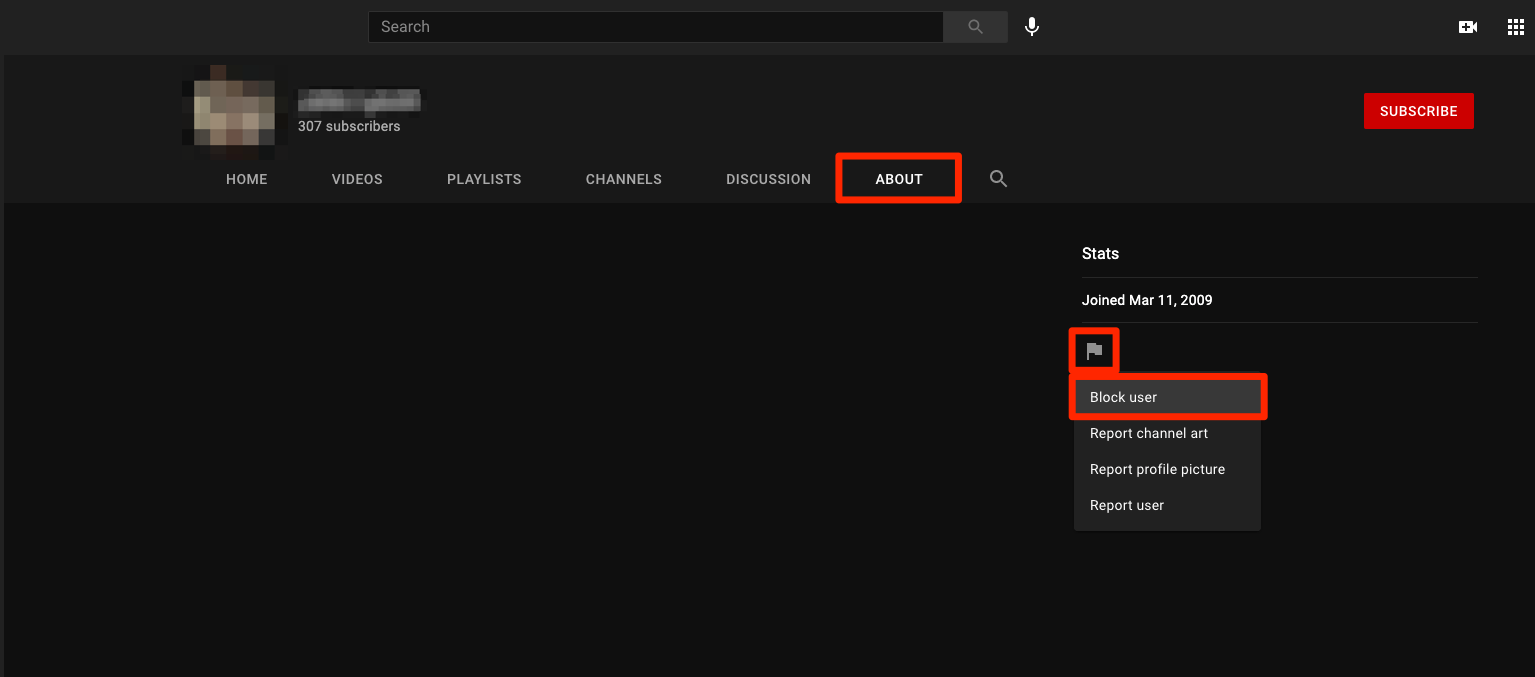 A YouTube channel's "About" page, with the "Block user" option highlighted.