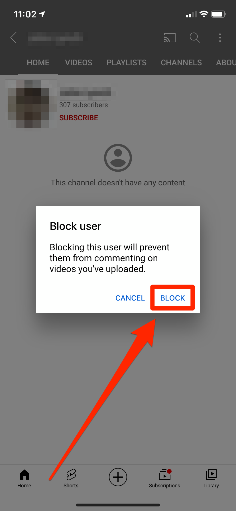 A pop-up describing what happens when you block someone on YouTube.