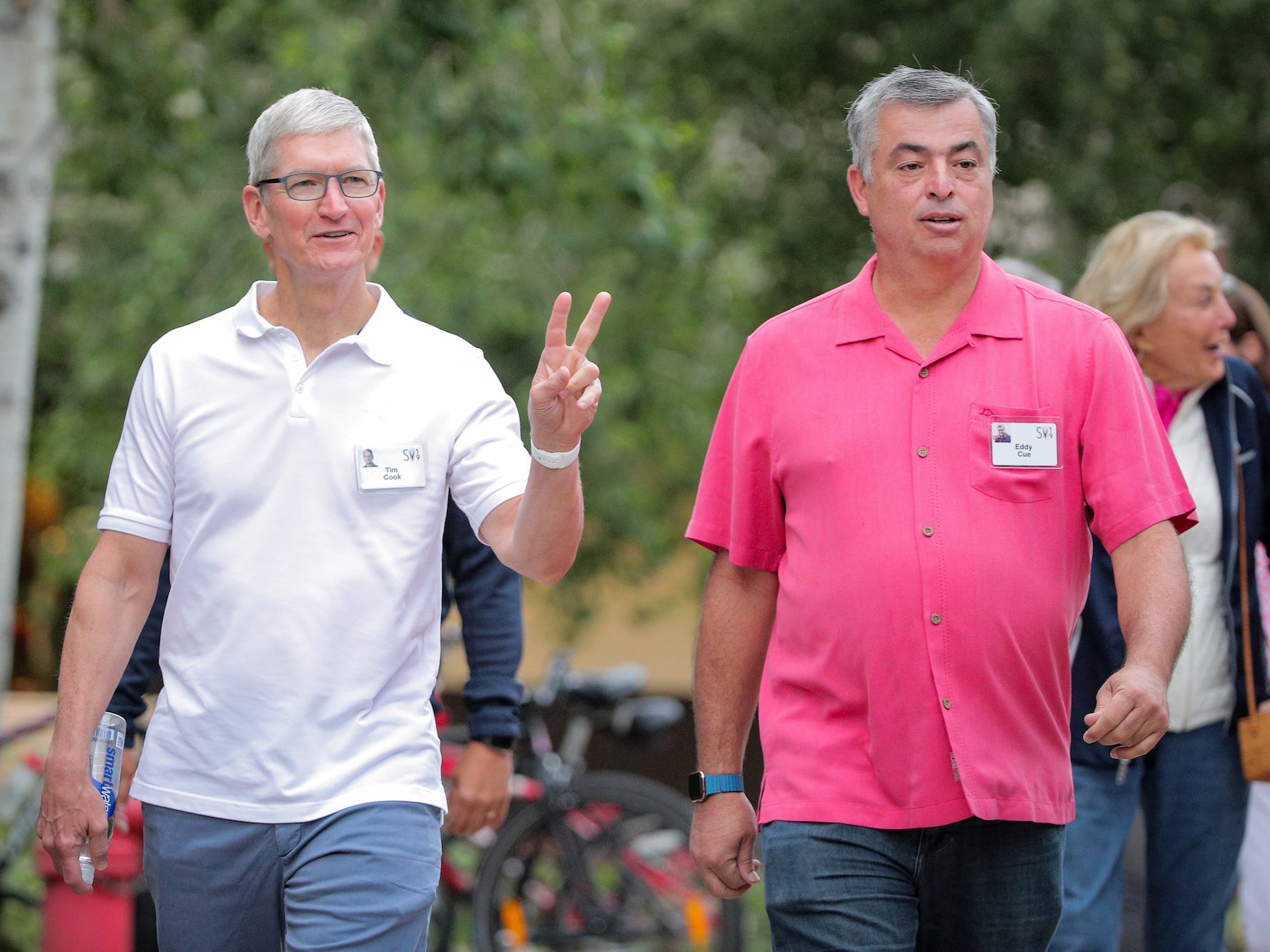 Tim Cook and Eddy Cue attend the annual Allen and Co. Sun Valley media conference in Sun Valley, Idaho