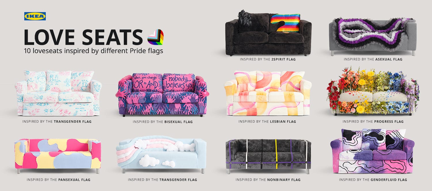 The 10 loveseats that make up the Ikea Pride collection.