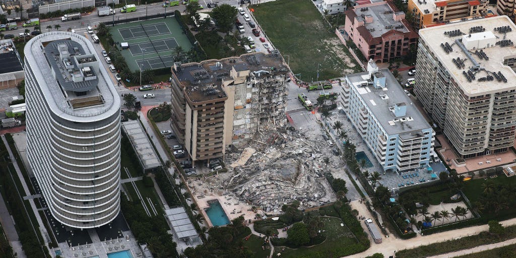 Aerial view of the partial collapse of Champlain Towers South in Surfside, Florida